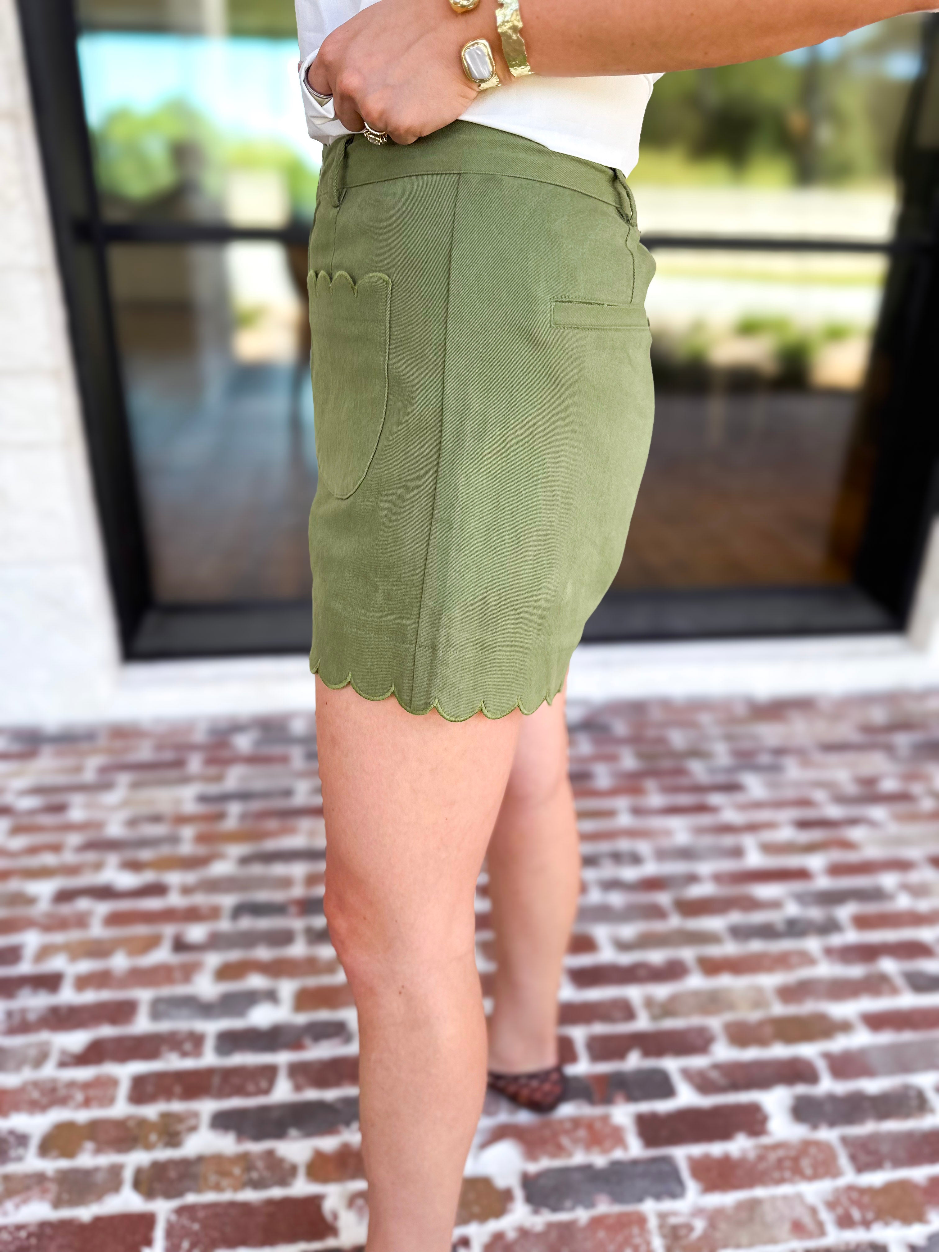 Scalloped Shorts - Matcha-410 Shorts/Skirts-ENTRO-July & June Women's Fashion Boutique Located in San Antonio, Texas