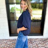 Feminine Everyday V-Neck Blouse - Navy Blue-200 Fashion Blouses-OLIVACEOUS-July & June Women's Fashion Boutique Located in San Antonio, Texas