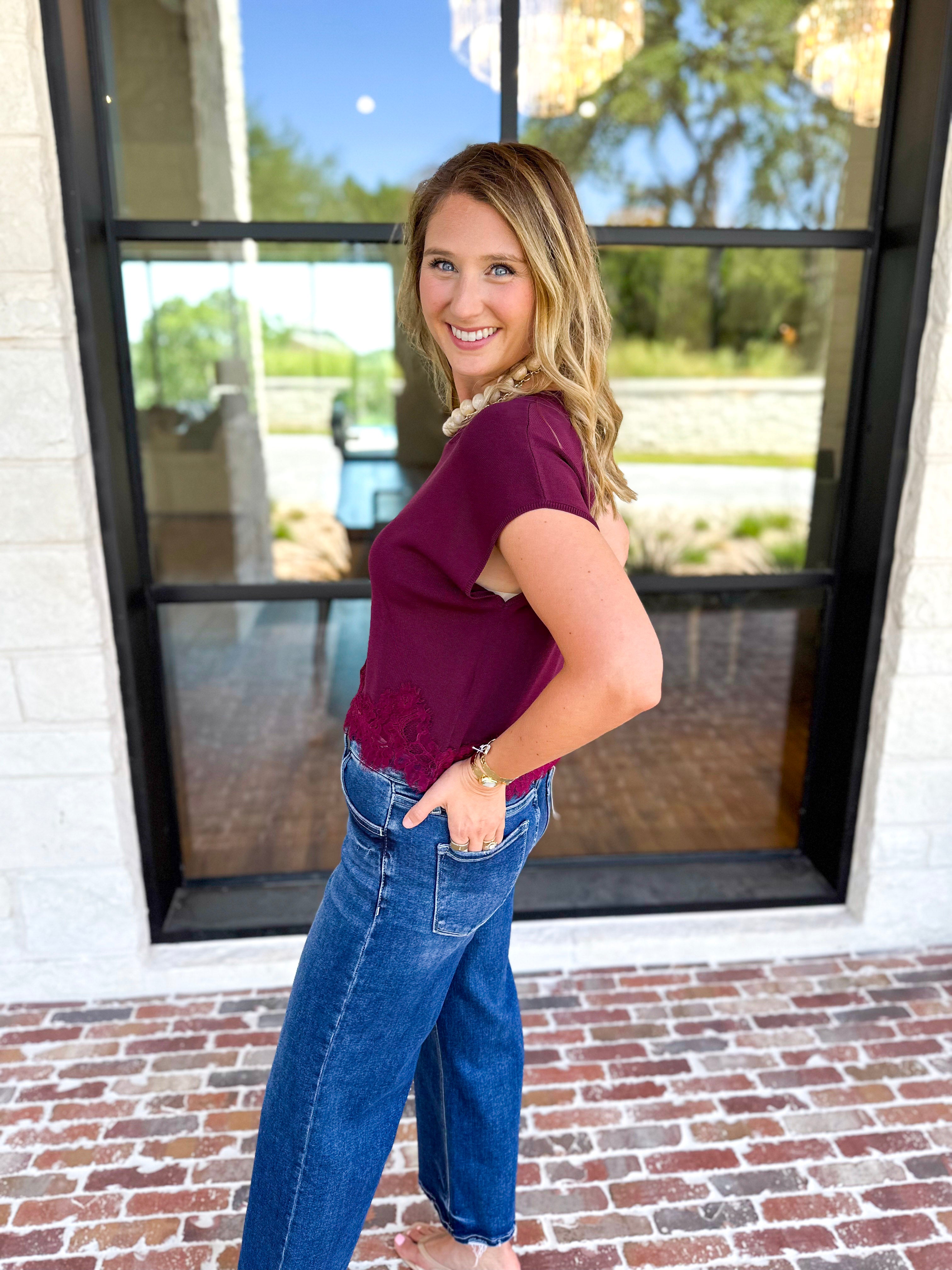 The Timeless Lace Detail Top - Burgundy-200 Fashion Blouses-ENTRO-July & June Women's Fashion Boutique Located in San Antonio, Texas