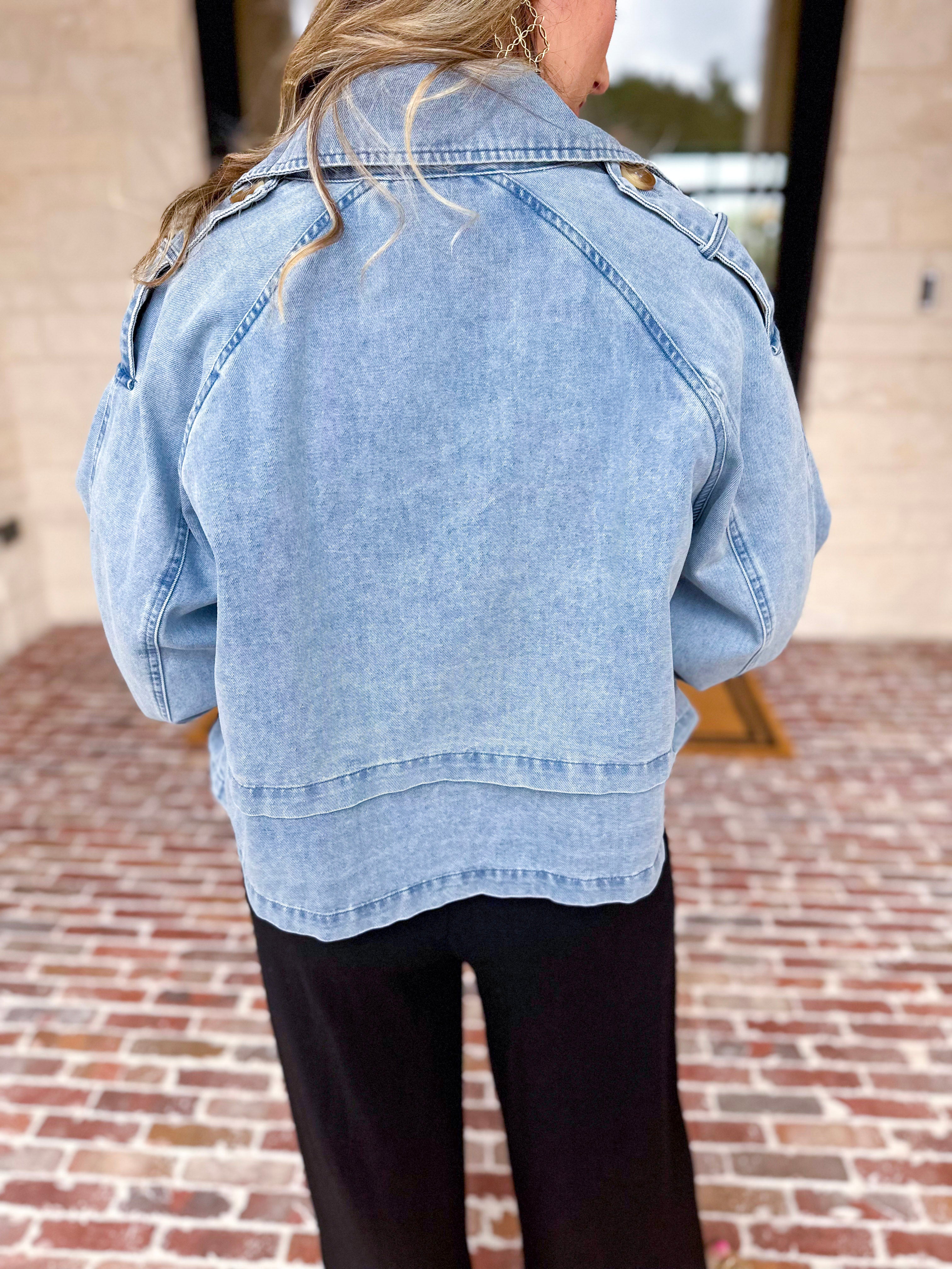 Light Wash Trench Style Denim Jacket-600 Outerwear-TCEC-July & June Women's Fashion Boutique Located in San Antonio, Texas