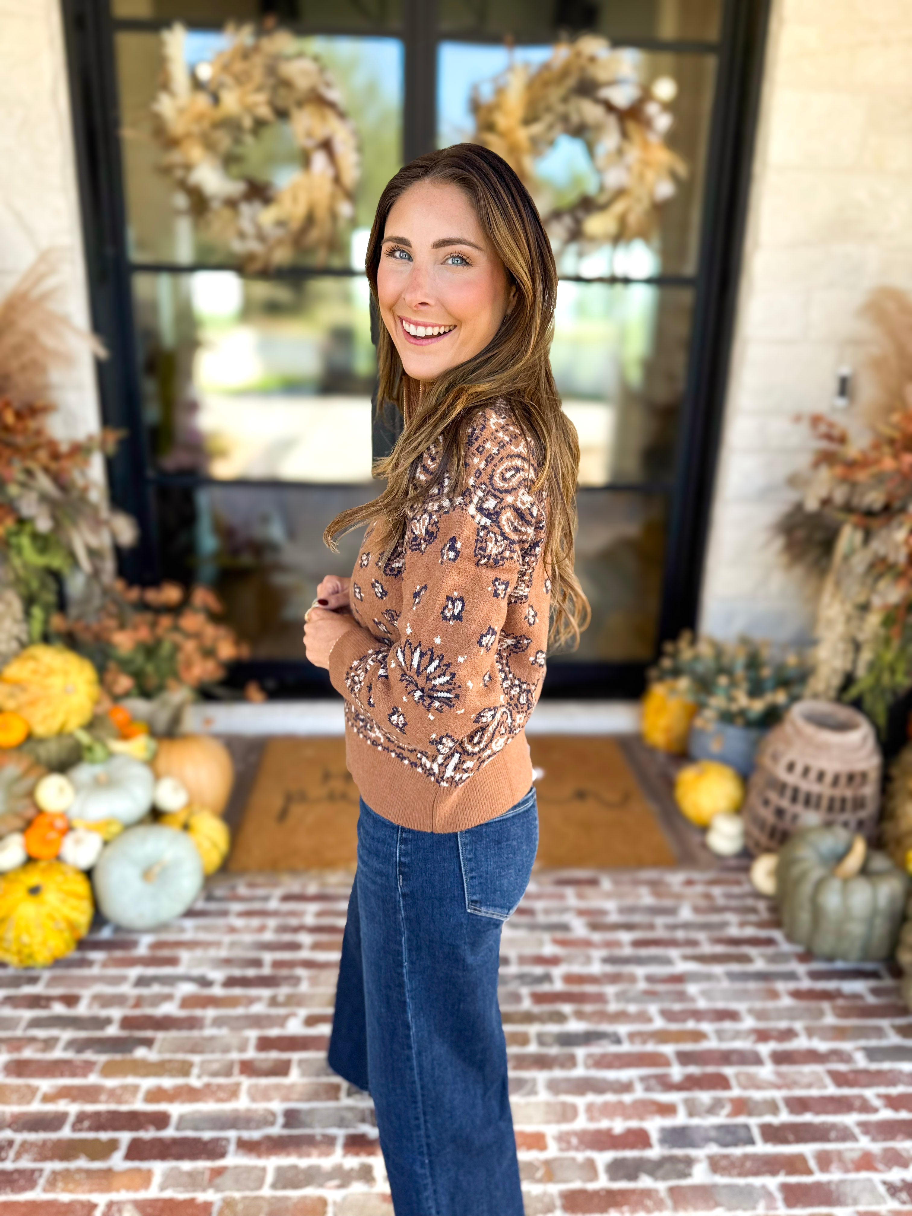 Current Air - Chestnut Paisley Quarter Zip Sweater-230 Sweaters/Cardis-CURRENT AIR CLOTHING-July & June Women's Fashion Boutique Located in San Antonio, Texas