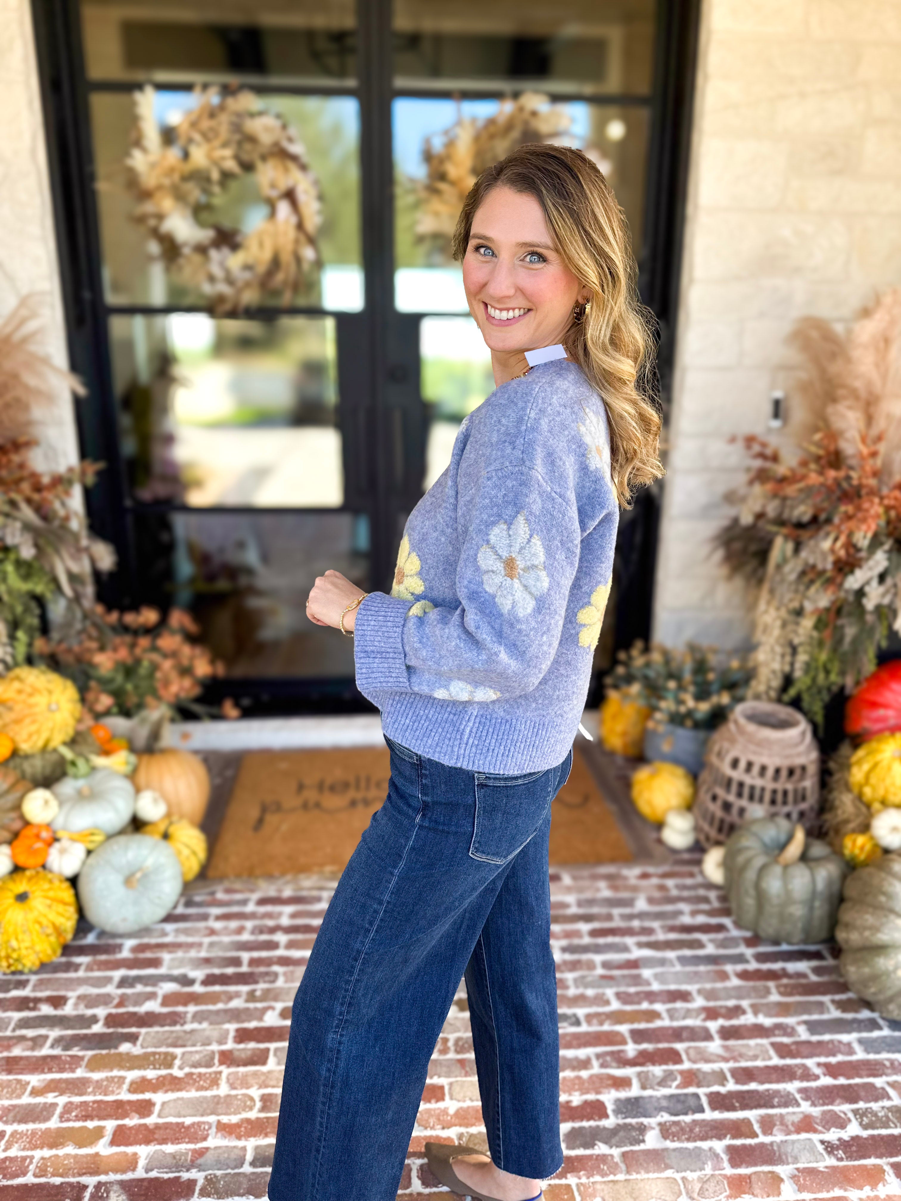Current Air - Sky Blue Daisy Sweater-230 Sweaters/Cardis-CURRENT AIR CLOTHING-July & June Women's Fashion Boutique Located in San Antonio, Texas