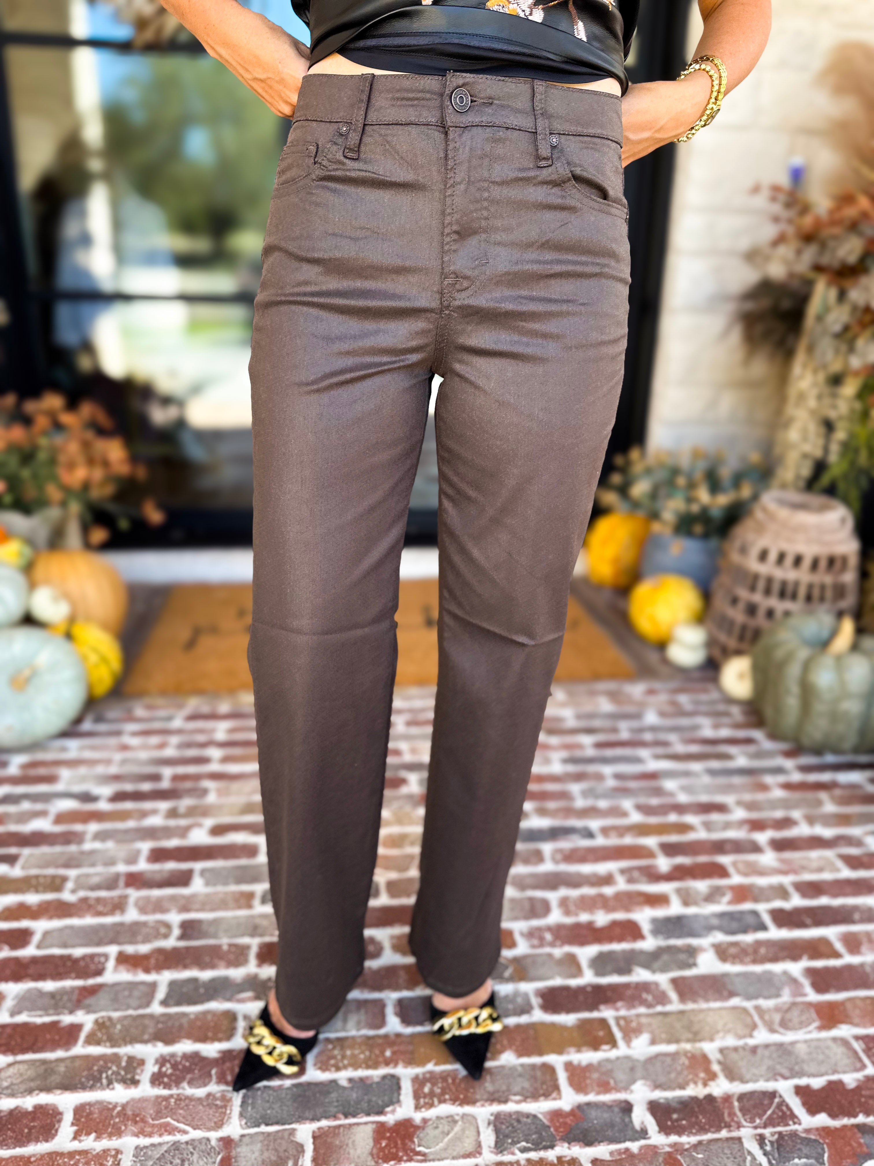 Chocolate Faux Leather Straight Leg Pants-420 Denim-HIDDEN JEANS-July & June Women's Fashion Boutique Located in San Antonio, Texas