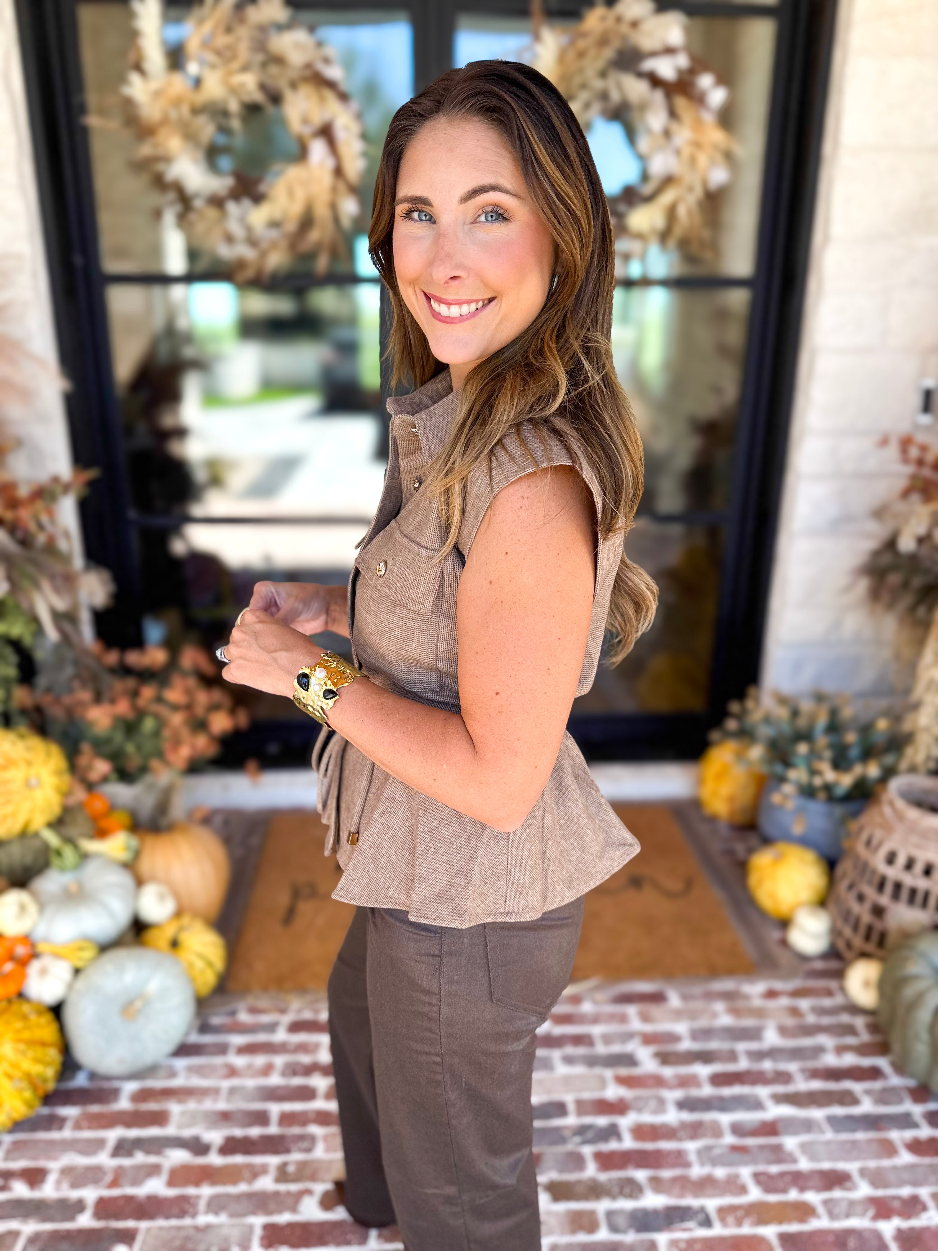 Street Chic Utility Cinched Blouse-200 Fashion Blouses-STRUT & BOLT-July & June Women's Fashion Boutique Located in San Antonio, Texas
