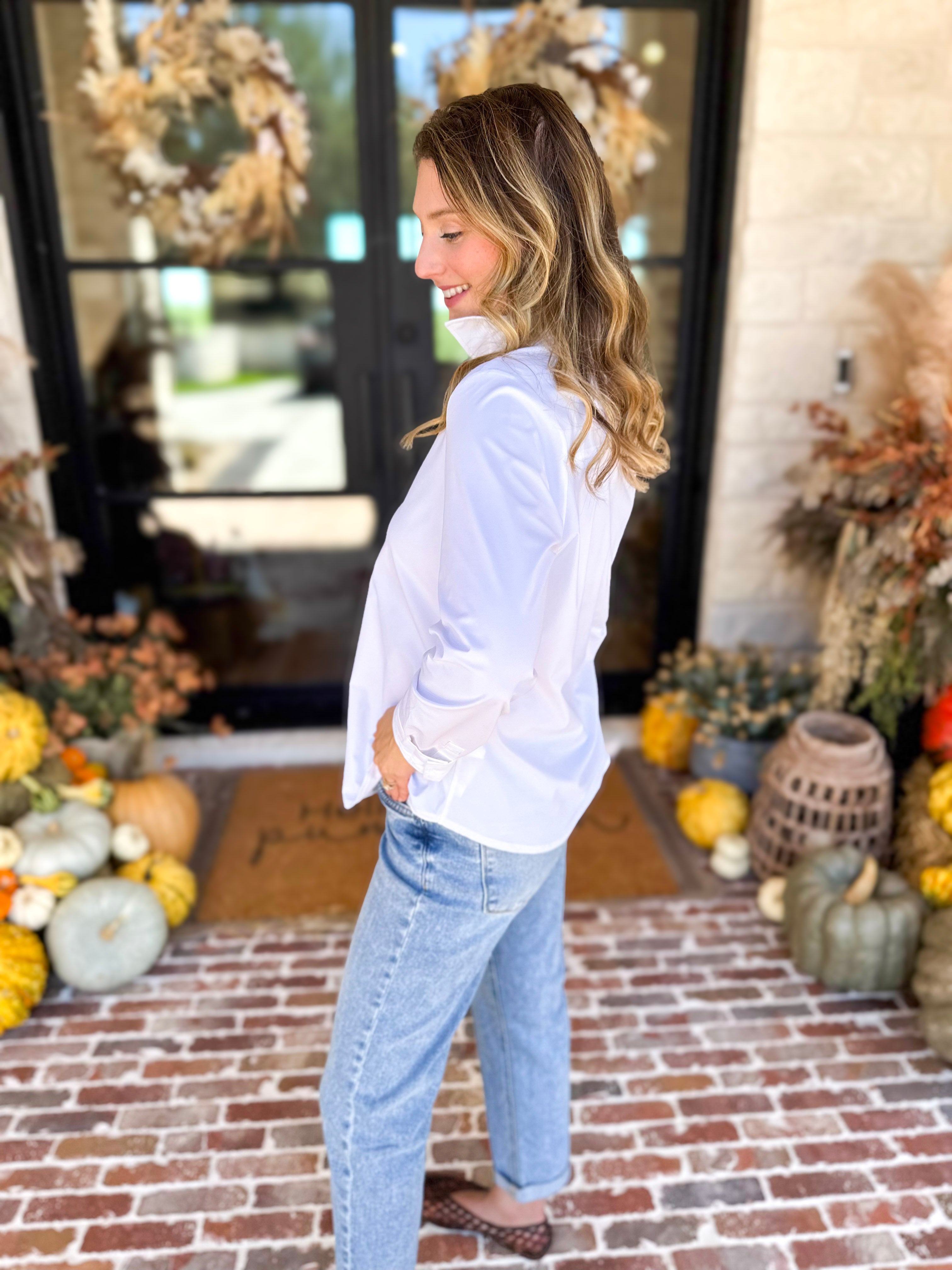 Liverpool - The Classic White Button Down-200 Fashion Blouses-LIVERPOOL JEANS COMPANY-July & June Women's Fashion Boutique Located in San Antonio, Texas