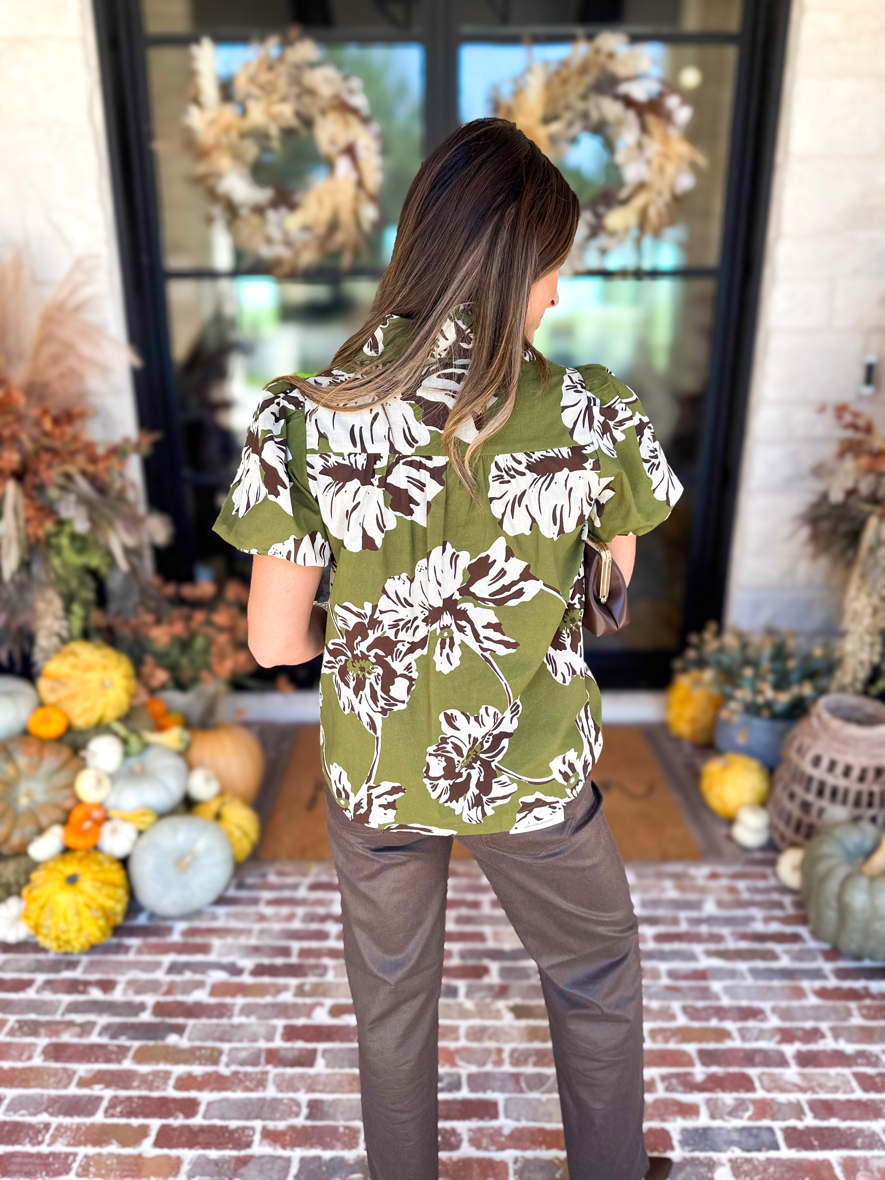 Moss Floral Puff Sleeve Blouse-200 Fashion Blouses-TCEC-July & June Women's Fashion Boutique Located in San Antonio, Texas