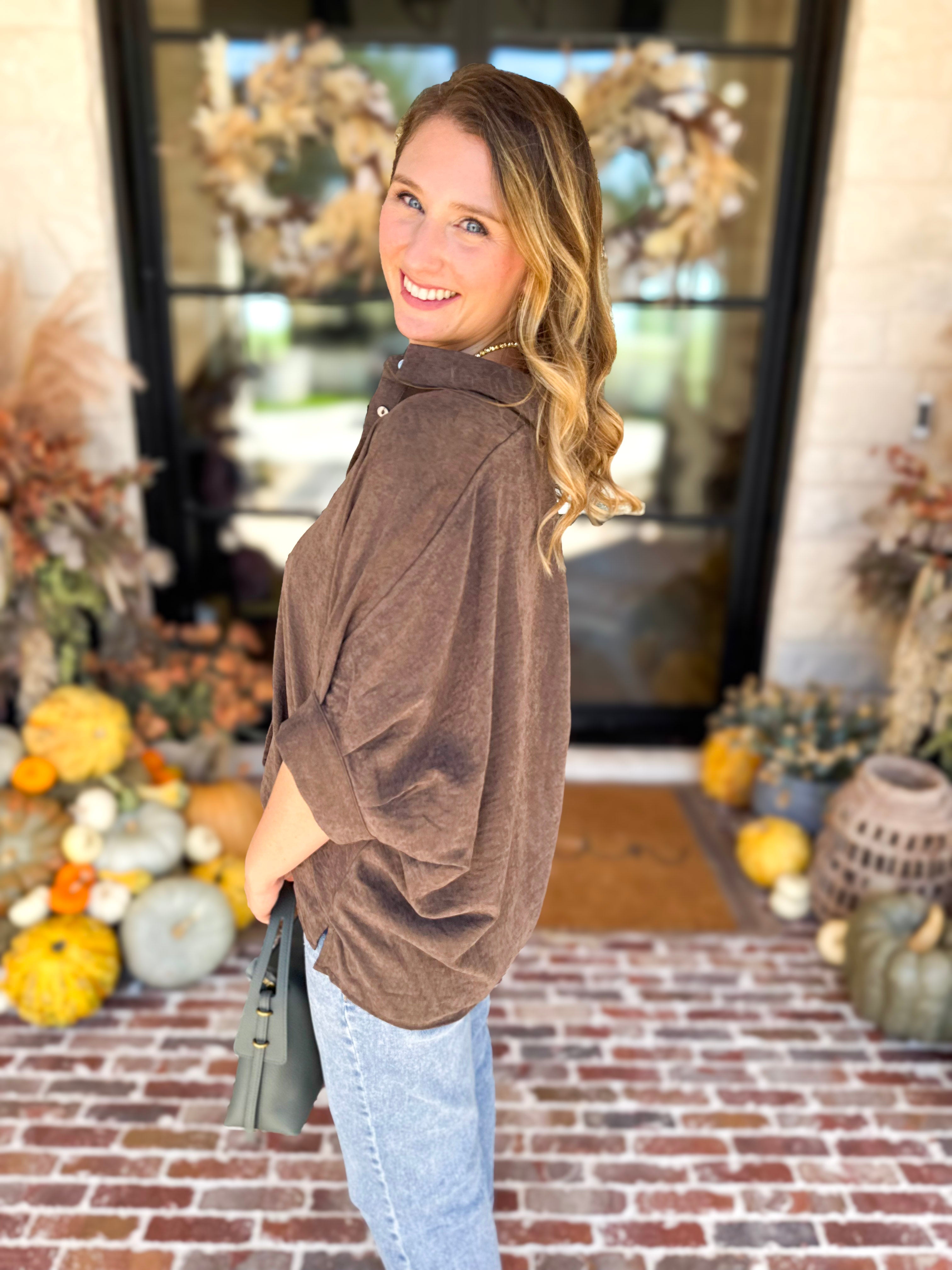 Heathered Brown Oversized Blouse-200 Fashion Blouses-ENTRO-July & June Women's Fashion Boutique Located in San Antonio, Texas