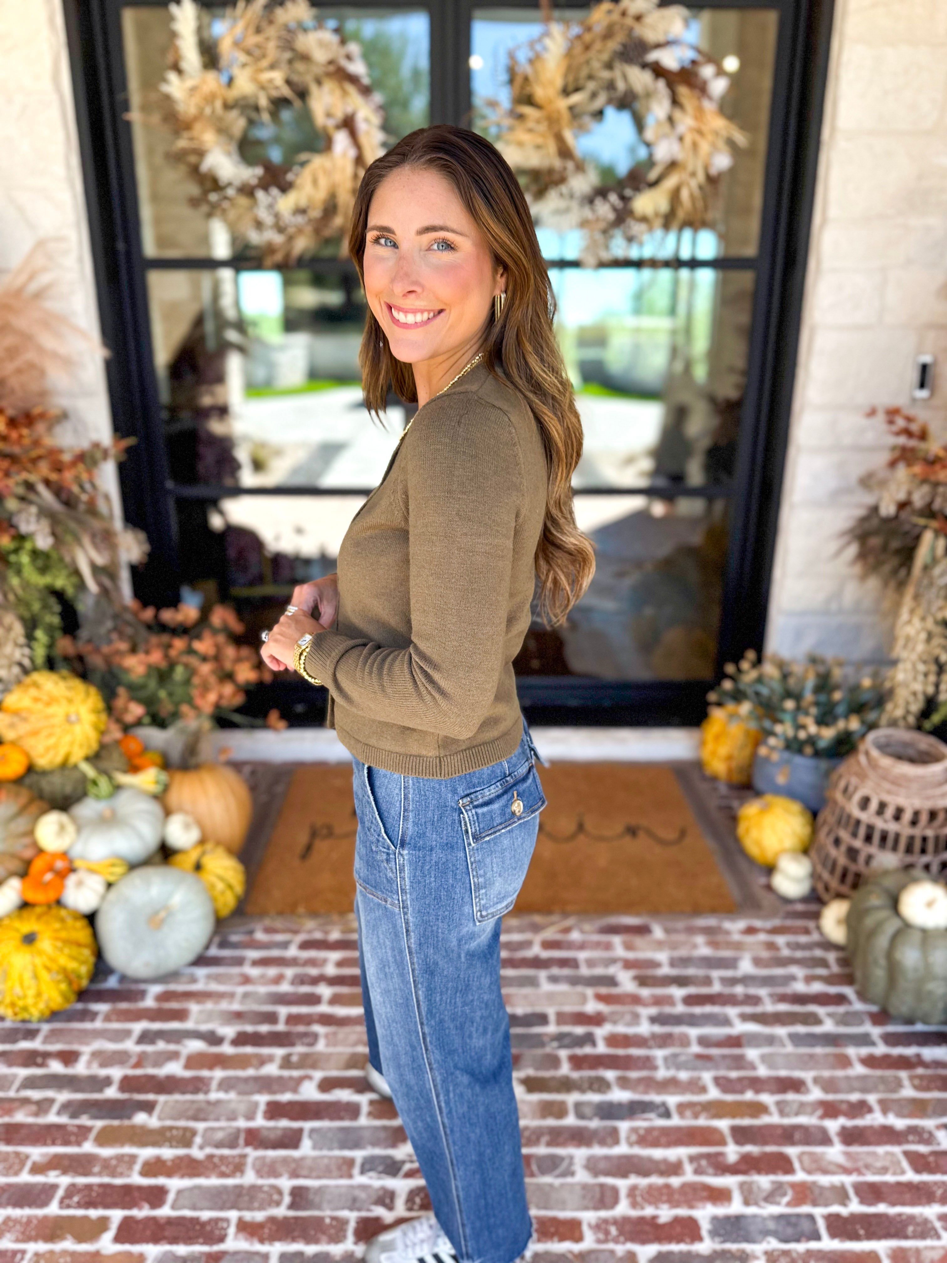 The Everyday Girl Olive Cardigan-230 Sweaters/Cardis-SKIES ARE BLUE-July & June Women's Fashion Boutique Located in San Antonio, Texas