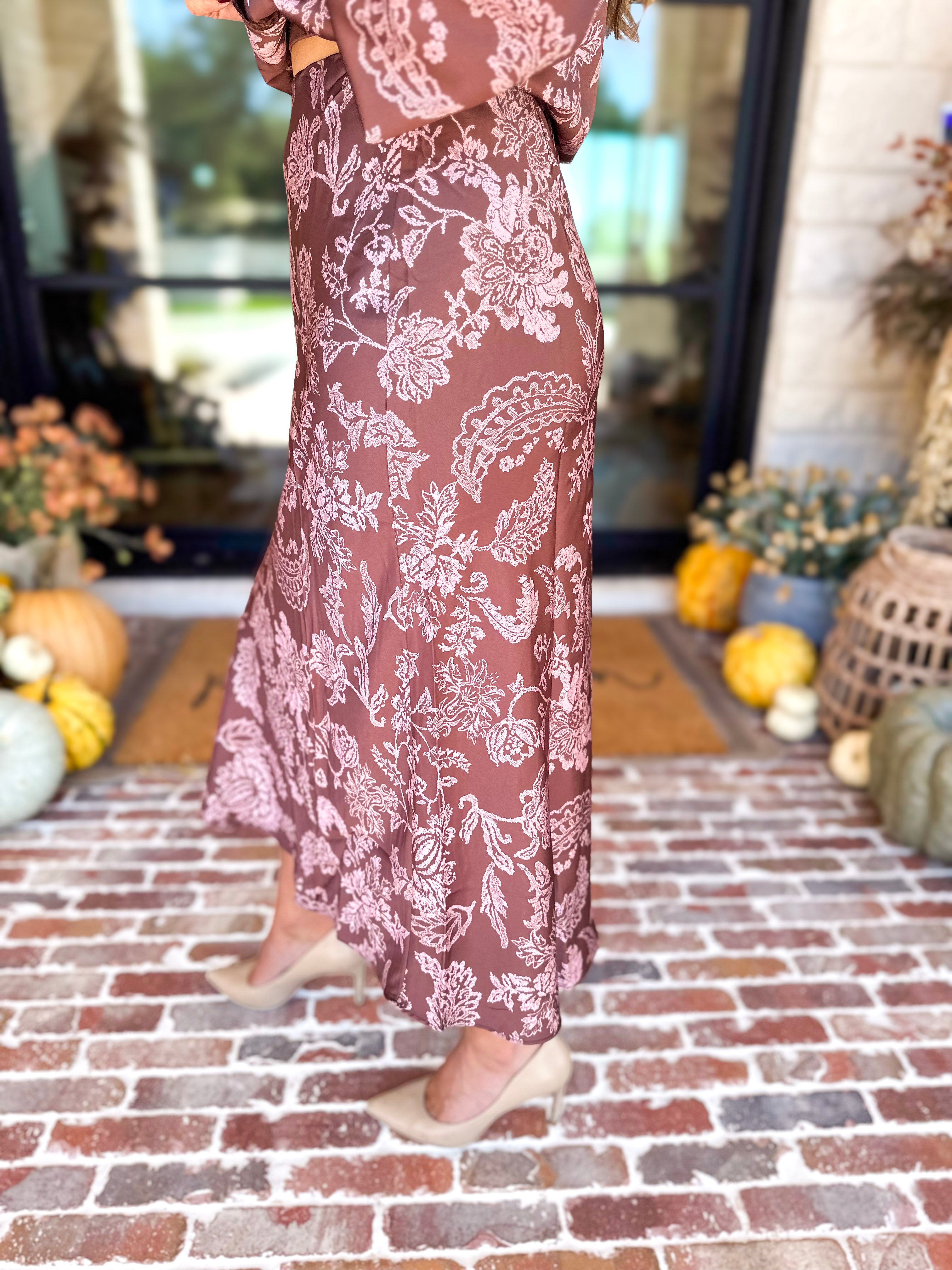 Current Air - Satin Blushing Florals Midi Skirt-410 Shorts/Skirts-CURRENT AIR CLOTHING-July & June Women's Fashion Boutique Located in San Antonio, Texas