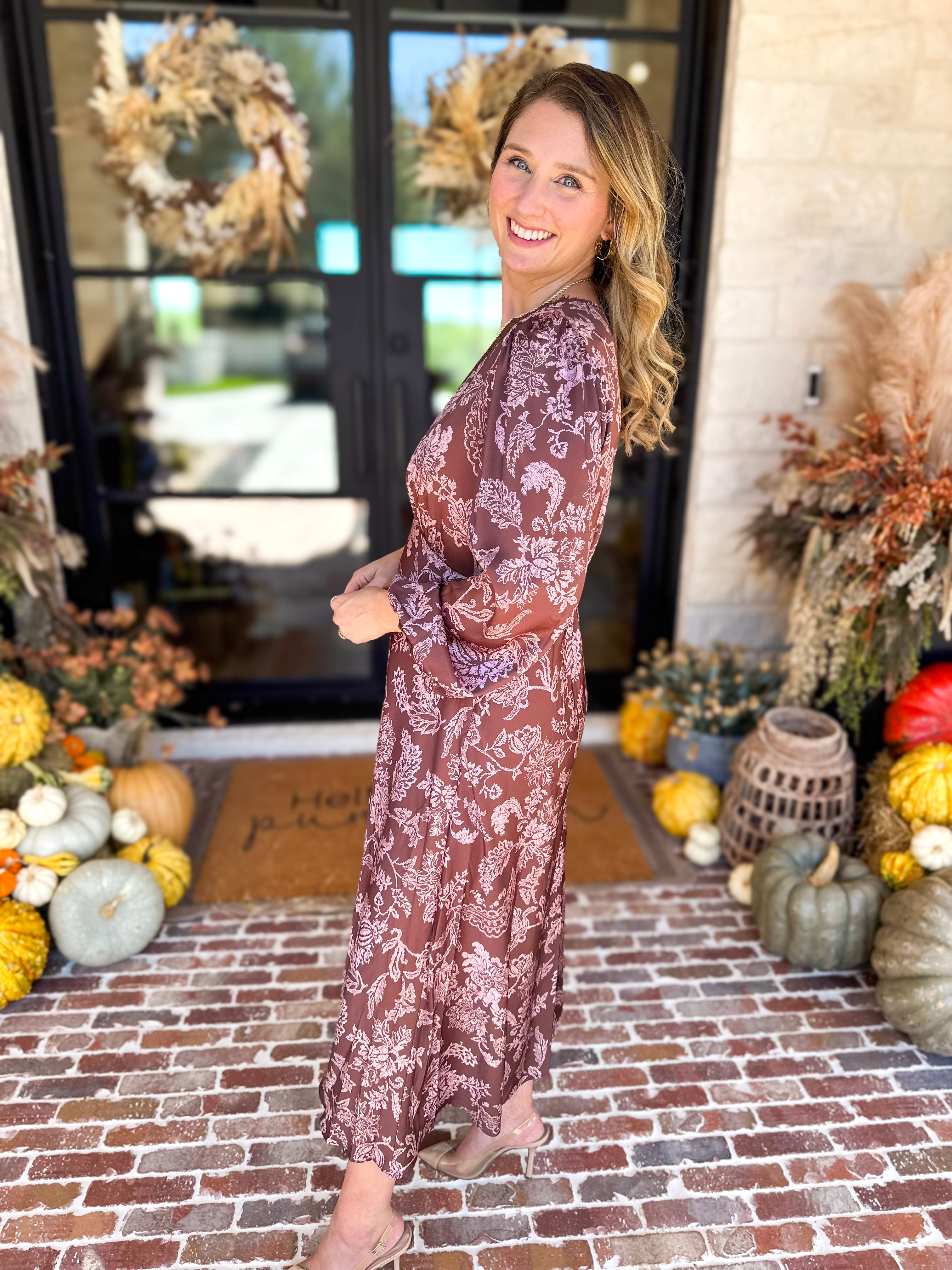 Current Air - Mocha Rose Satin Midi Dress-500 Midi-CURRENT AIR CLOTHING-July & June Women's Fashion Boutique Located in San Antonio, Texas