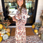 Current Air - Saddlewood Floral Midi Dress-500 Midi-CURRENT AIR CLOTHING-July & June Women's Fashion Boutique Located in San Antonio, Texas