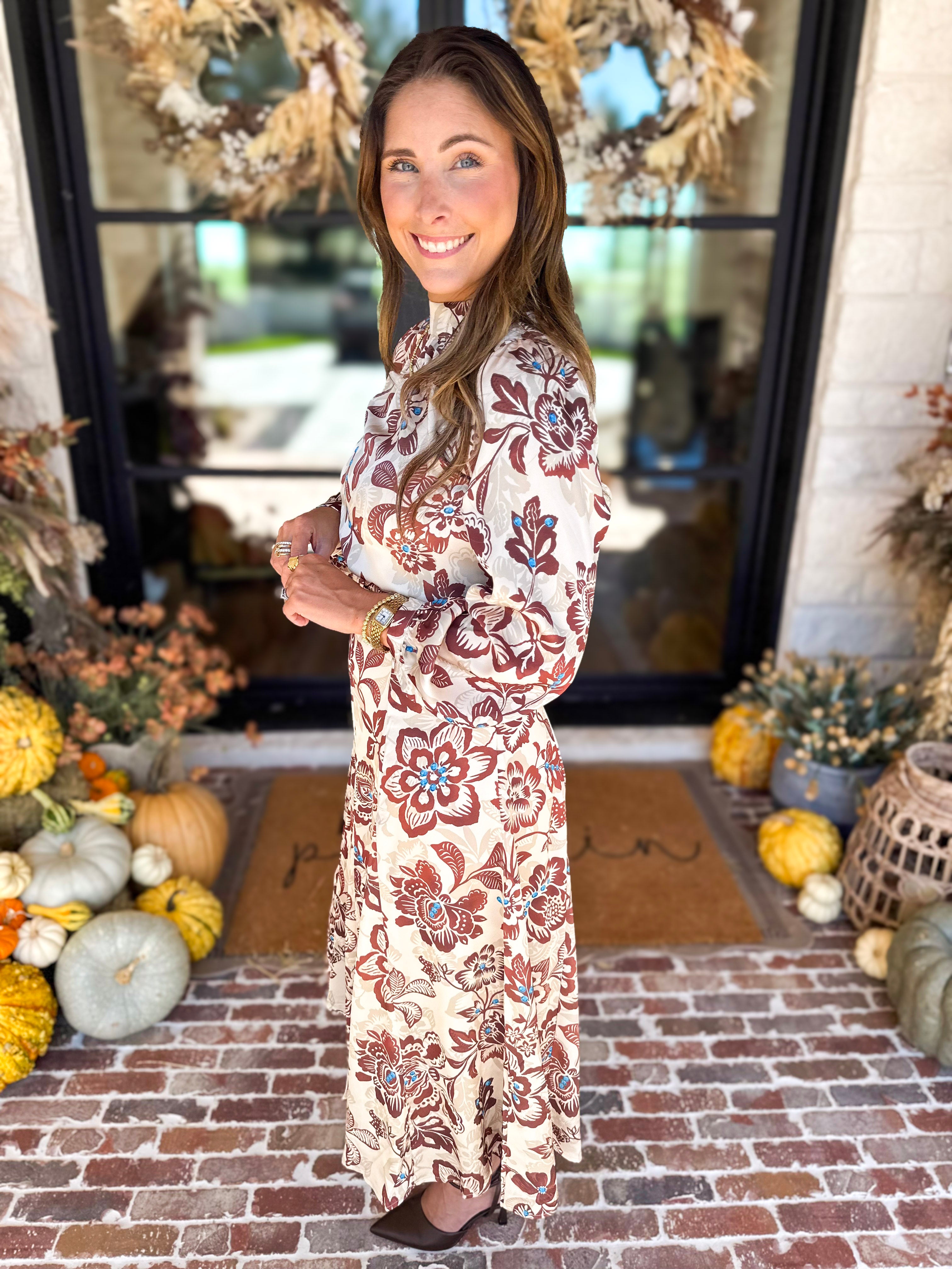 Current Air - Saddlewood Floral Midi Dress-500 Midi-CURRENT AIR CLOTHING-July & June Women's Fashion Boutique Located in San Antonio, Texas
