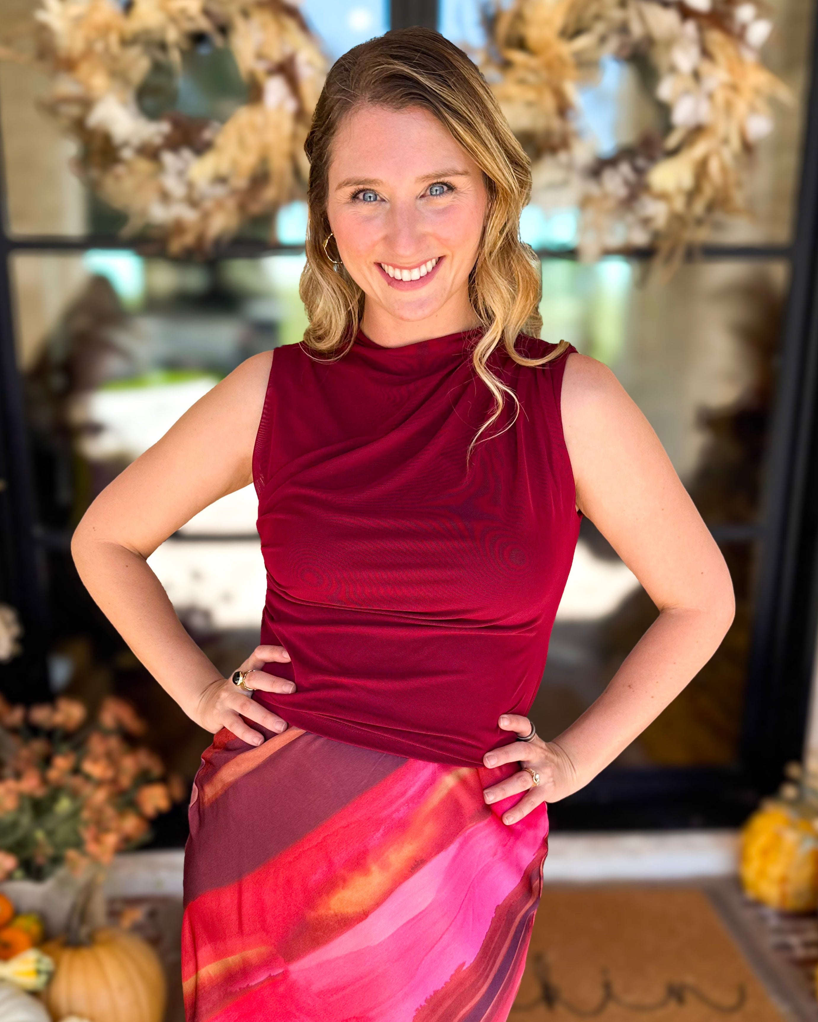 Sleek & Chic Pomegranate Sleeveless Blouse-200 Fashion Blouses-DRESS FORUM-July & June Women's Fashion Boutique Located in San Antonio, Texas