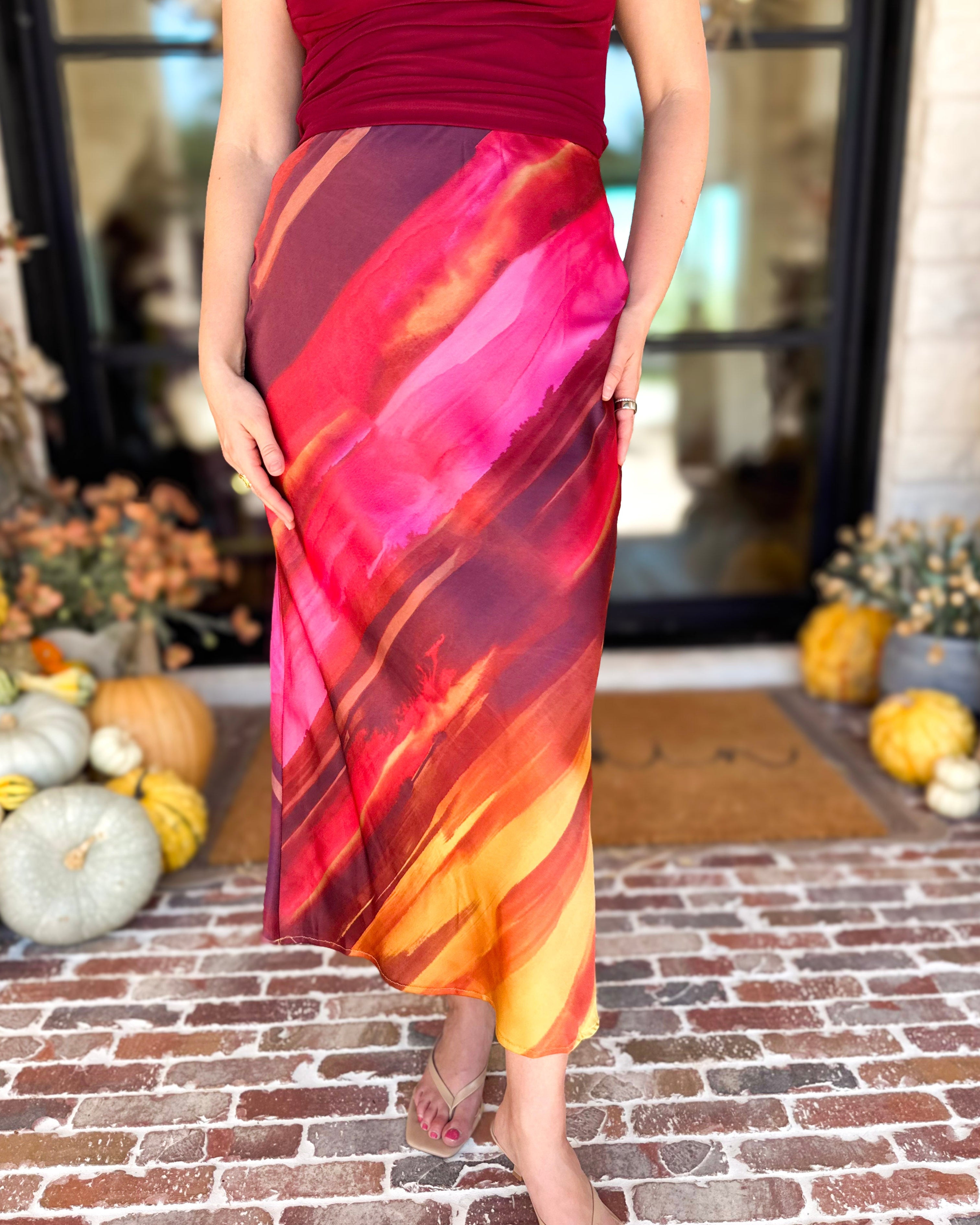 Golden Sunset Satin Midi Skirt-410 Shorts/Skirts-DRESS FORUM-July & June Women's Fashion Boutique Located in San Antonio, Texas