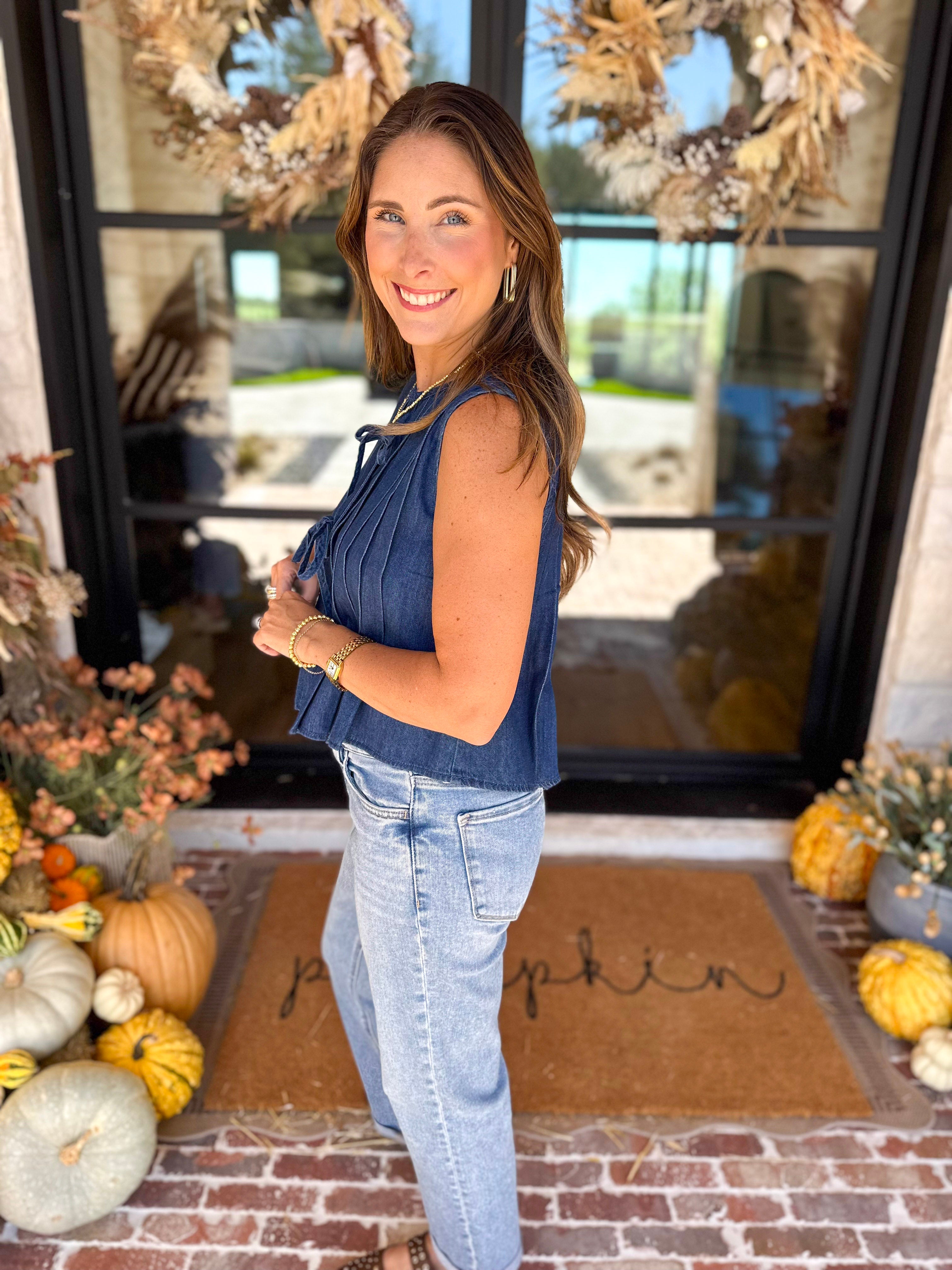 PINK FRIDAY DOORBUSTERS - Denim Pin-Tuck Tank - ONLINE - FINAL SALE-PINK FRIDAY DOORBUSTERS-BLU PEPPER-July & June Women's Fashion Boutique Located in San Antonio, Texas