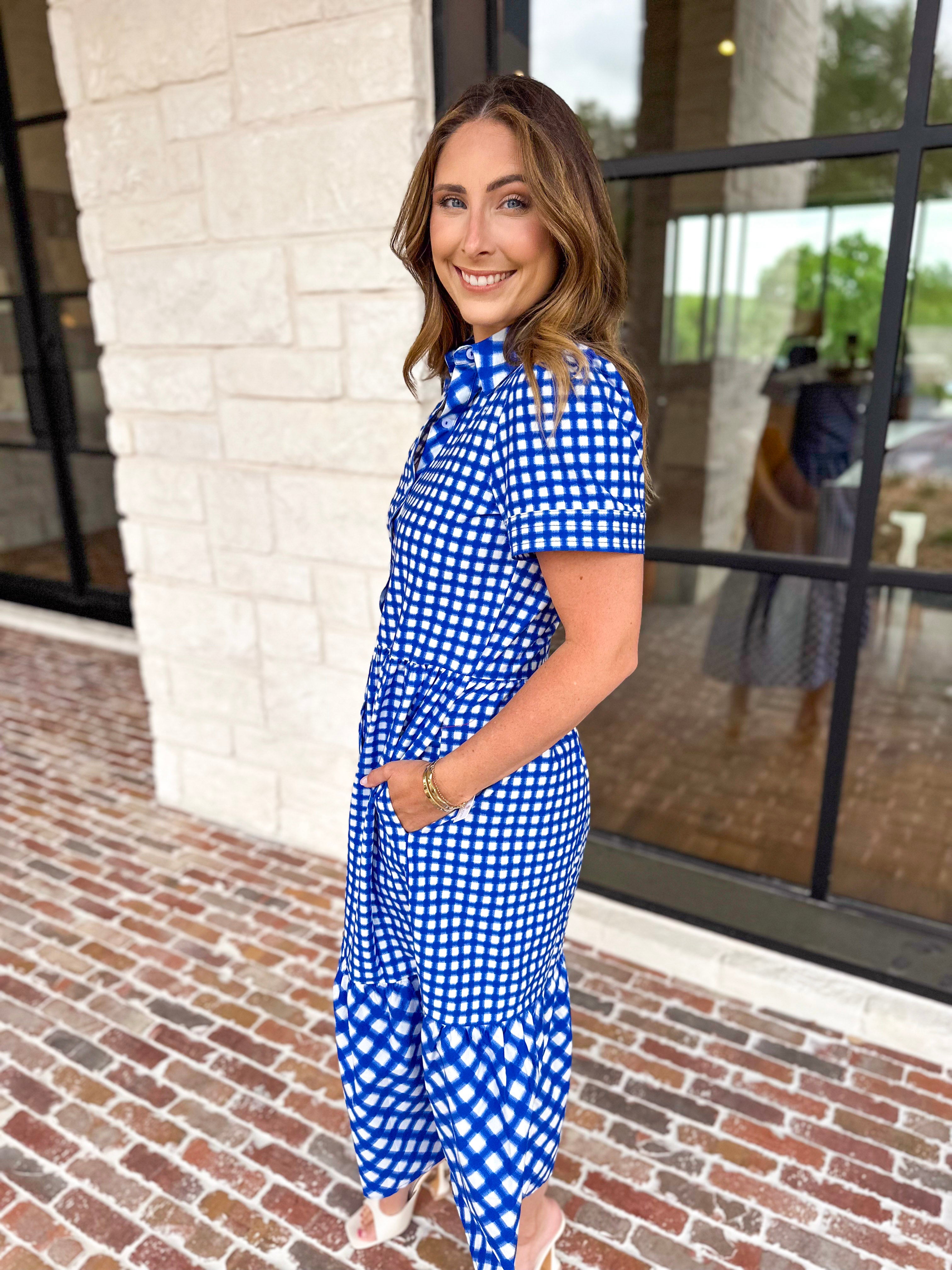 Mary Square - Jema Gingham Navy Mix Midi Dress-500 Midi-MARY SQUARE-July & June Women's Fashion Boutique Located in San Antonio, Texas