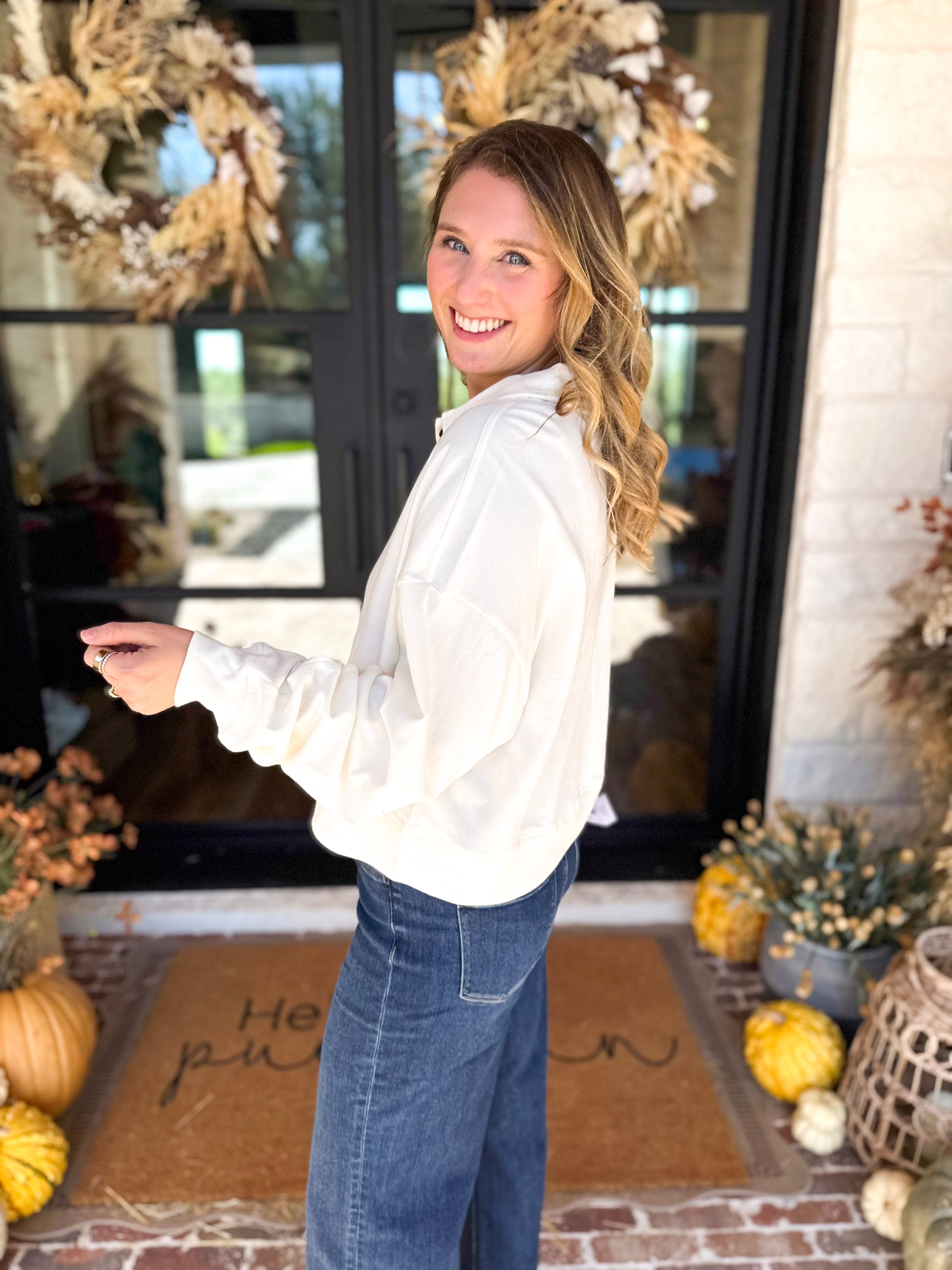 PINK FRIDAY DOORBUSTERS - Henley Polo Top - Cream - ONLINE - FINAL SALE-PINK FRIDAY DOORBUSTERS-DOUBLE ZERO-July & June Women's Fashion Boutique Located in San Antonio, Texas