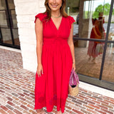 Current Air - Bold Red Blooms Midi Dress-500 Midi-CURRENT AIR CLOTHING-July & June Women's Fashion Boutique Located in San Antonio, Texas