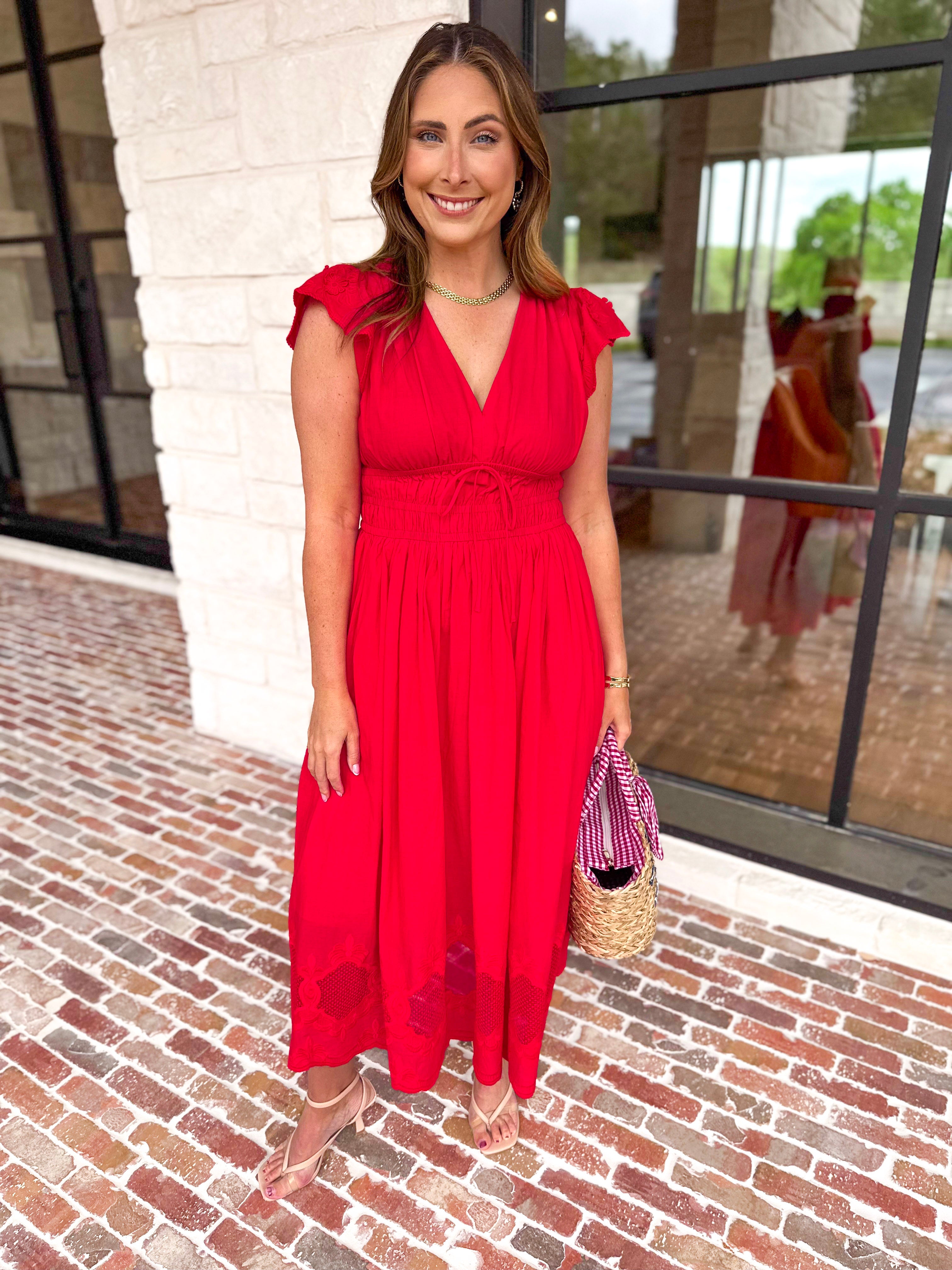 Current Air - Bold Red Blooms Midi Dress-500 Midi-CURRENT AIR CLOTHING-July & June Women's Fashion Boutique Located in San Antonio, Texas