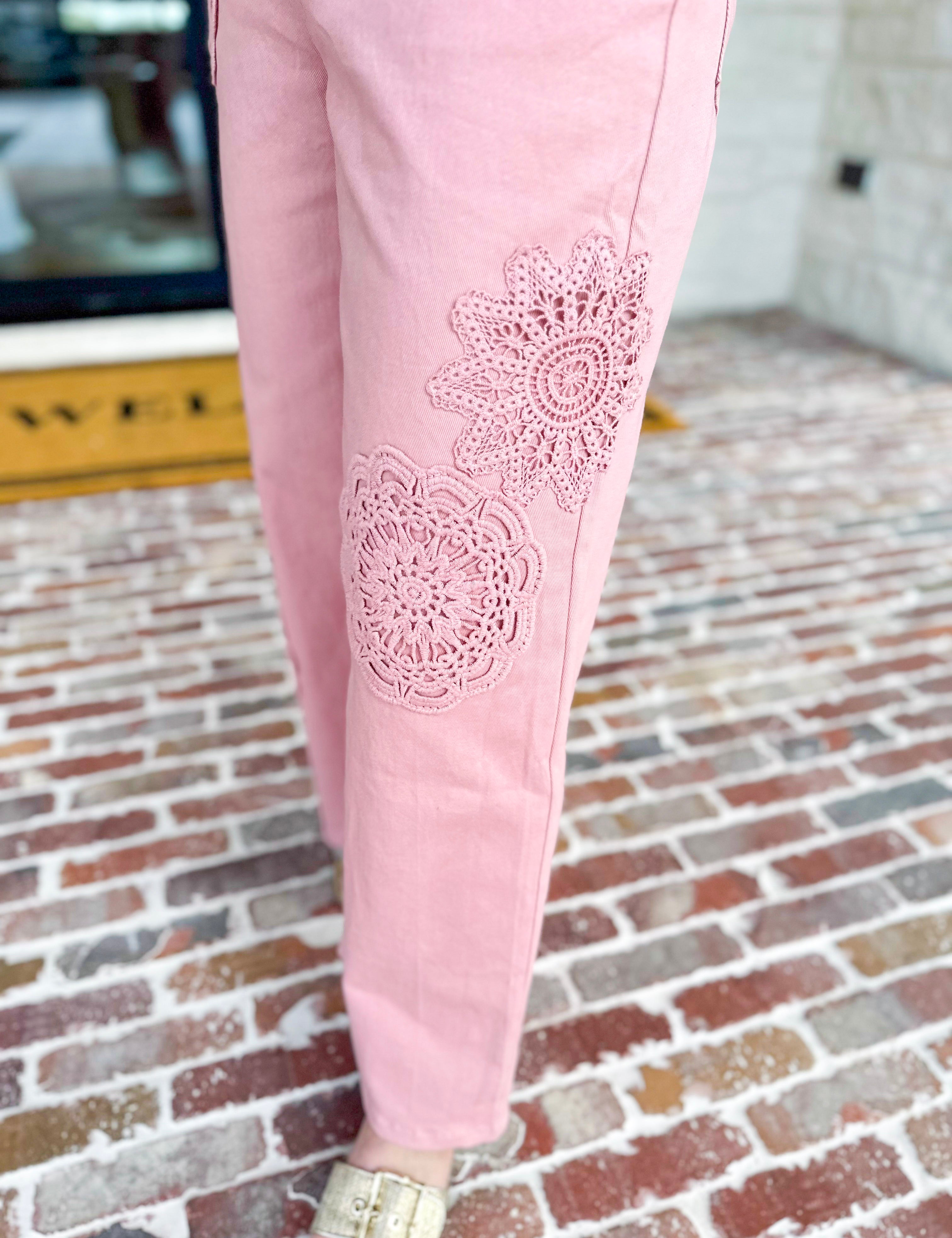 Blush Crochet Denim Pants-400 Pants-ENTRO-July & June Women's Fashion Boutique Located in San Antonio, Texas