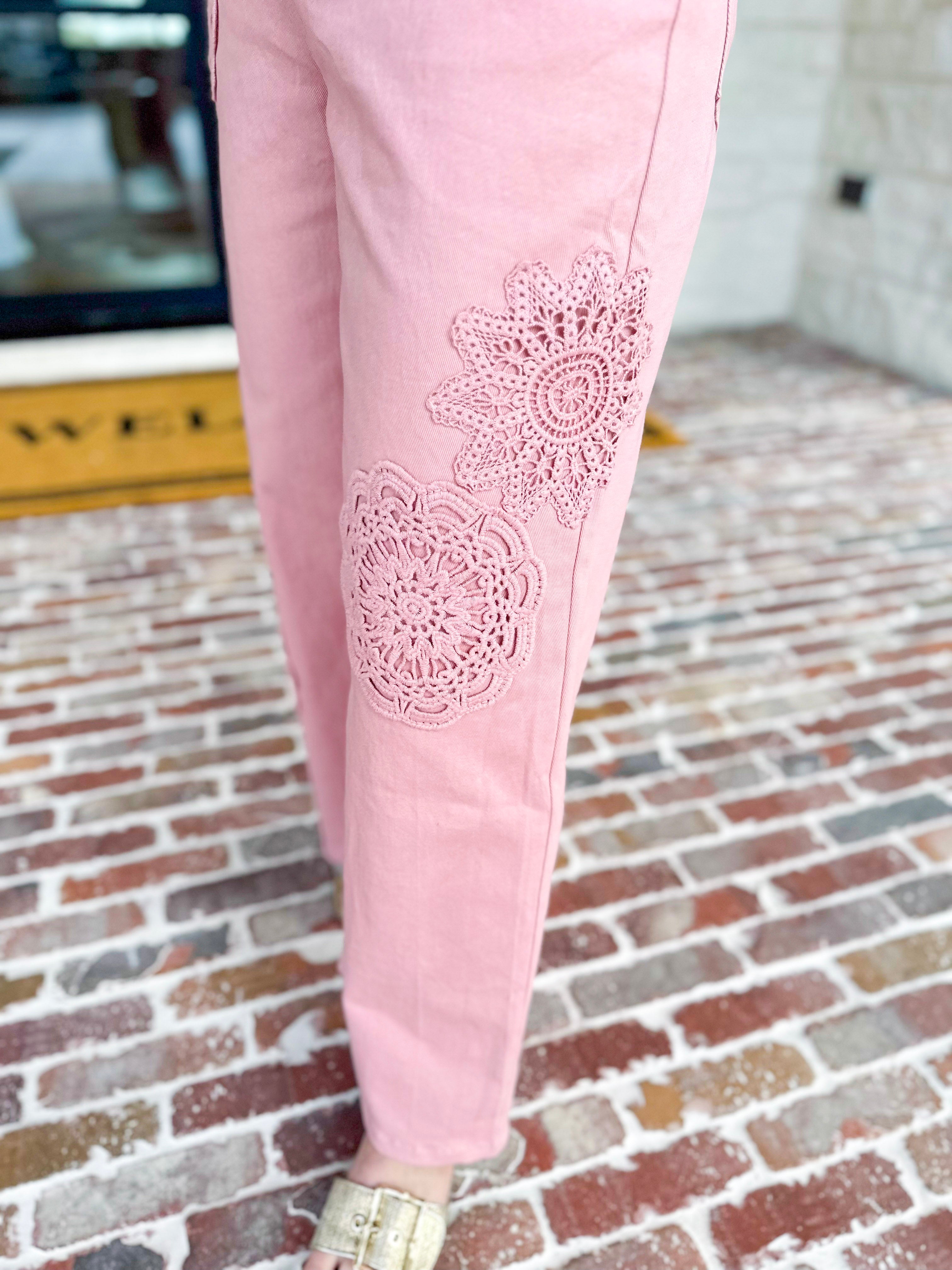 Blush Crochet Denim Pants-400 Pants-ENTRO-July & June Women's Fashion Boutique Located in San Antonio, Texas