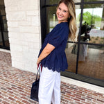 Current Air - Navy Eyelet Blouse-200 Fashion Blouses-CURRENT AIR CLOTHING-July & June Women's Fashion Boutique Located in San Antonio, Texas