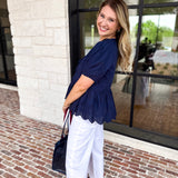 Current Air - Navy Eyelet Blouse-200 Fashion Blouses-CURRENT AIR CLOTHING-July & June Women's Fashion Boutique Located in San Antonio, Texas
