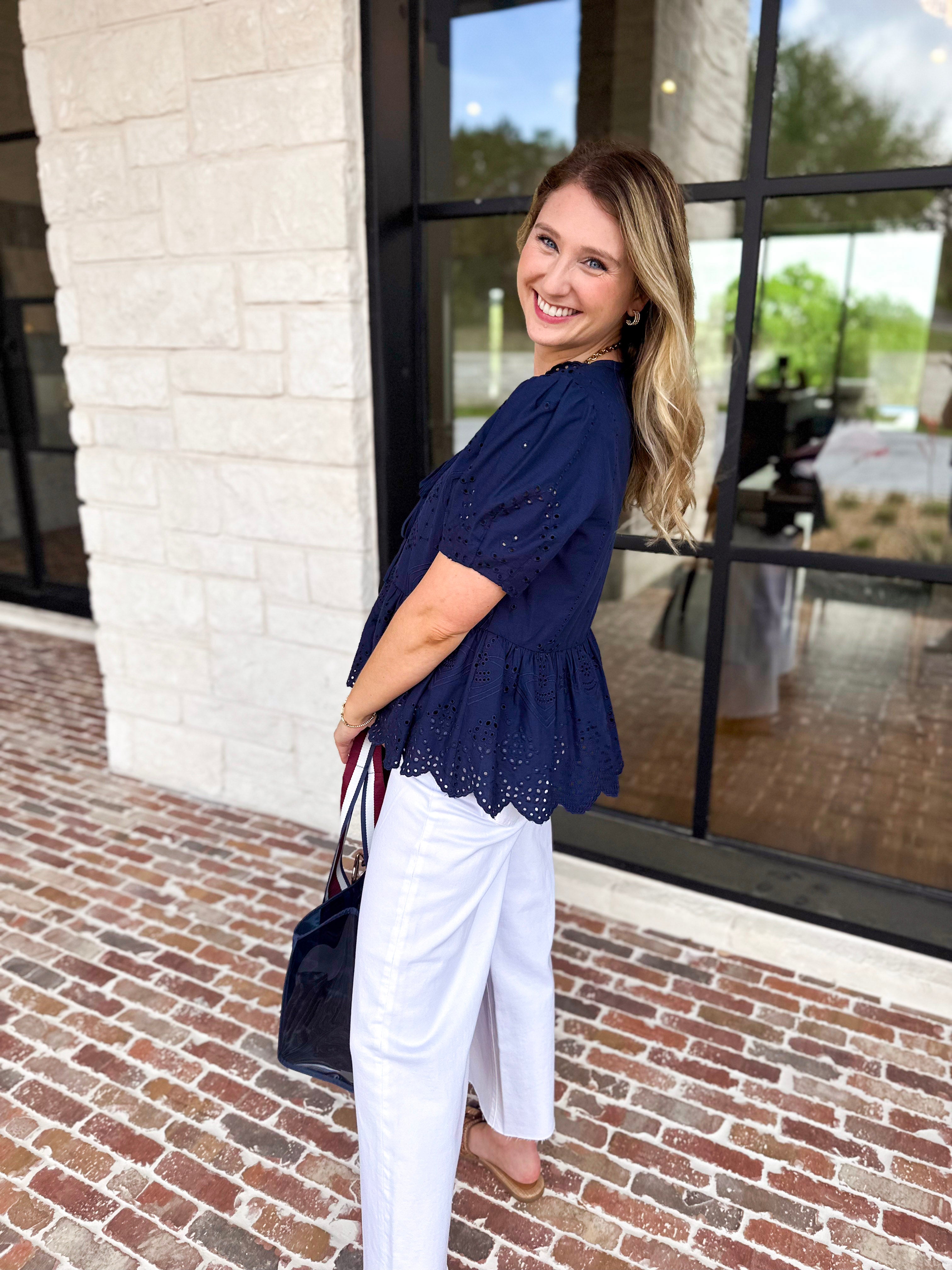 Current Air - Navy Eyelet Blouse-200 Fashion Blouses-CURRENT AIR CLOTHING-July & June Women's Fashion Boutique Located in San Antonio, Texas