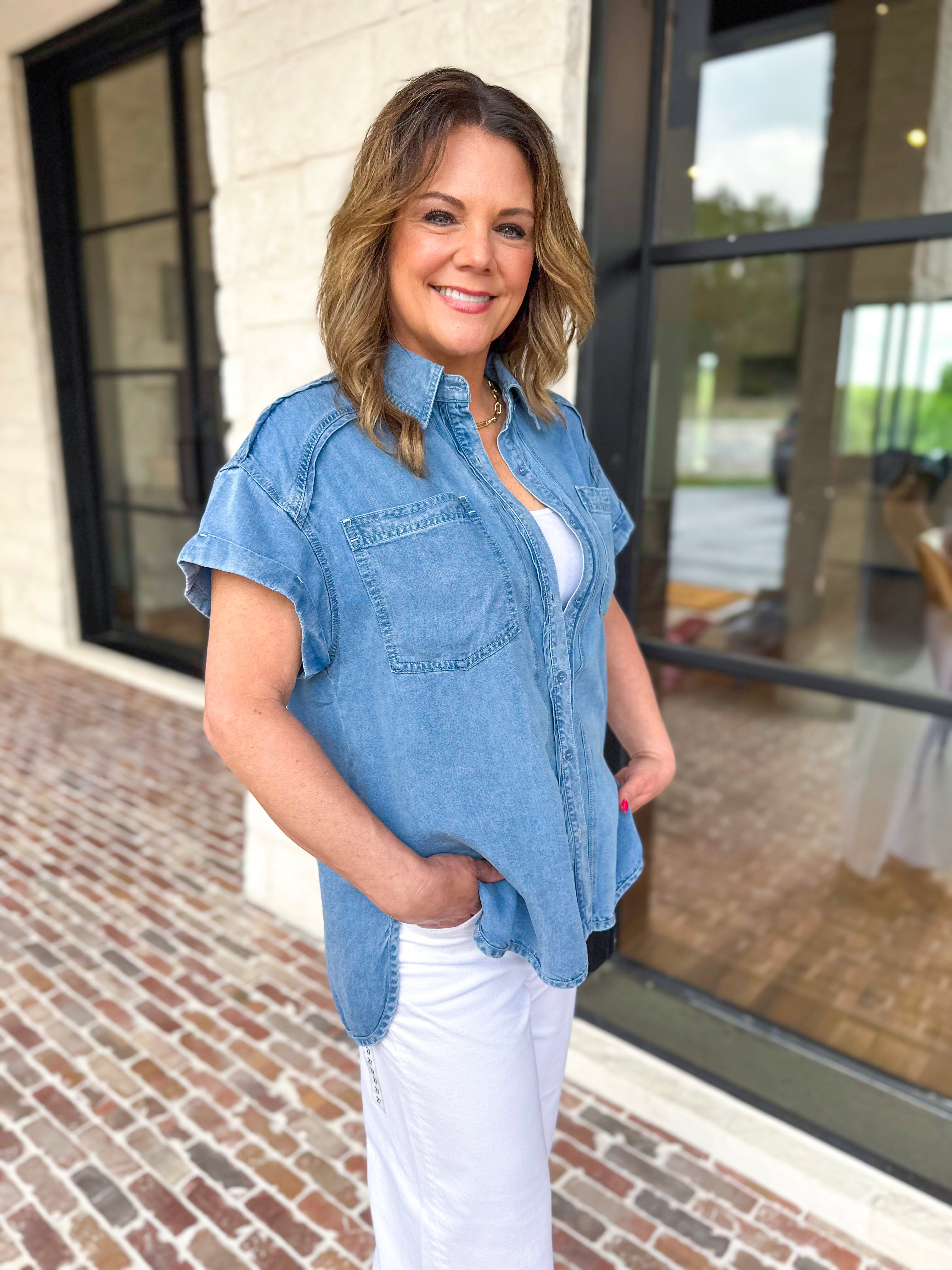 Denim Tencel Button Down Blouse-200 Fashion Blouses-RAE MODE-July & June Women's Fashion Boutique Located in San Antonio, Texas
