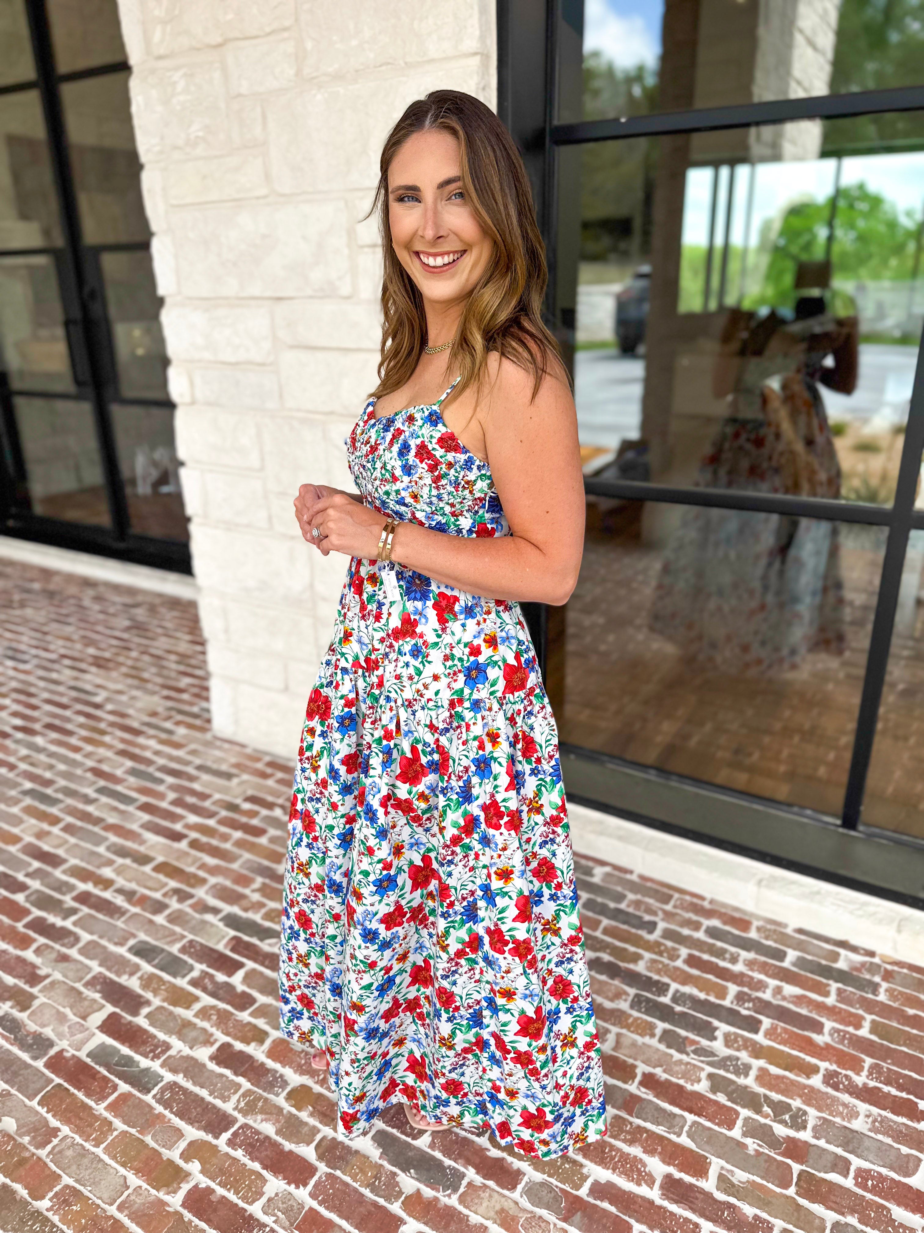 Summer In Bloom Midi Dress-500 Midi-SKIES ARE BLUE-July & June Women's Fashion Boutique Located in San Antonio, Texas