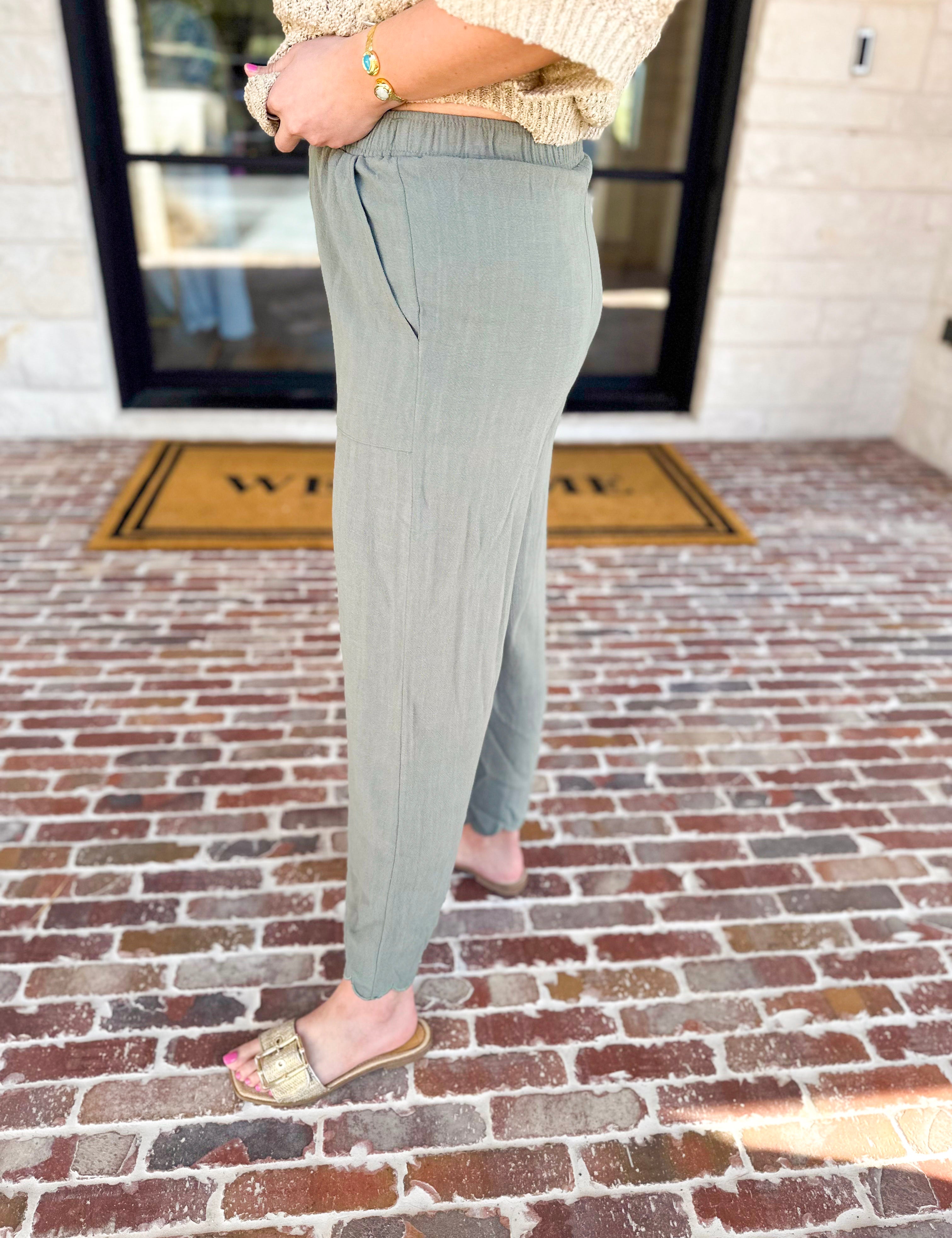 Linen Scalloped Pants - Sage-400 Pants-ALLIE ROSE-July & June Women's Fashion Boutique Located in San Antonio, Texas