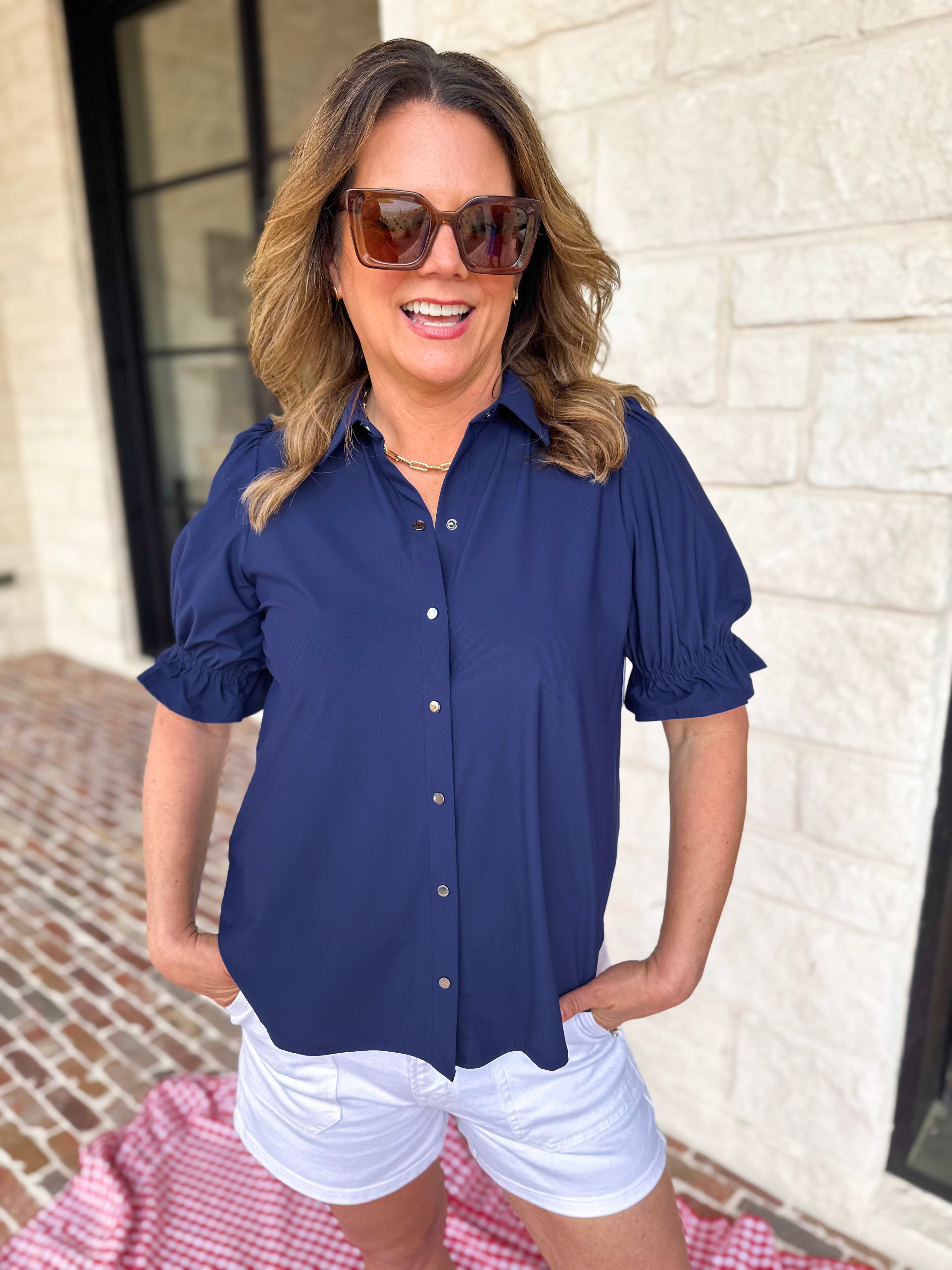 LIVERPOOL - Button Down Blouse - Navy-200 Fashion Blouses-LIVERPOOL JEANS COMPANY-July & June Women's Fashion Boutique Located in San Antonio, Texas