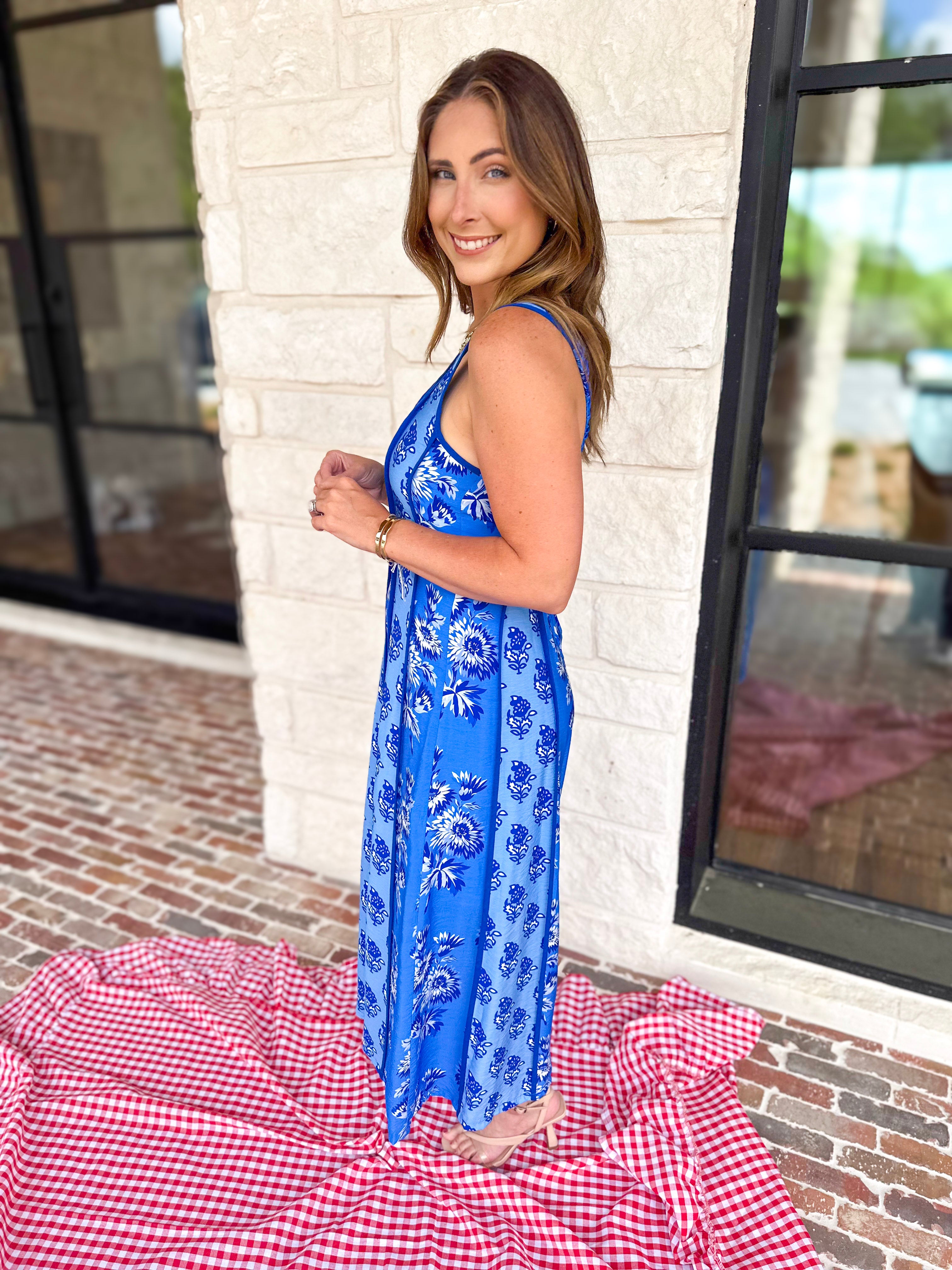 THML - Blue Floral Fields Midi Dress-500 Midi-THML-July & June Women's Fashion Boutique Located in San Antonio, Texas