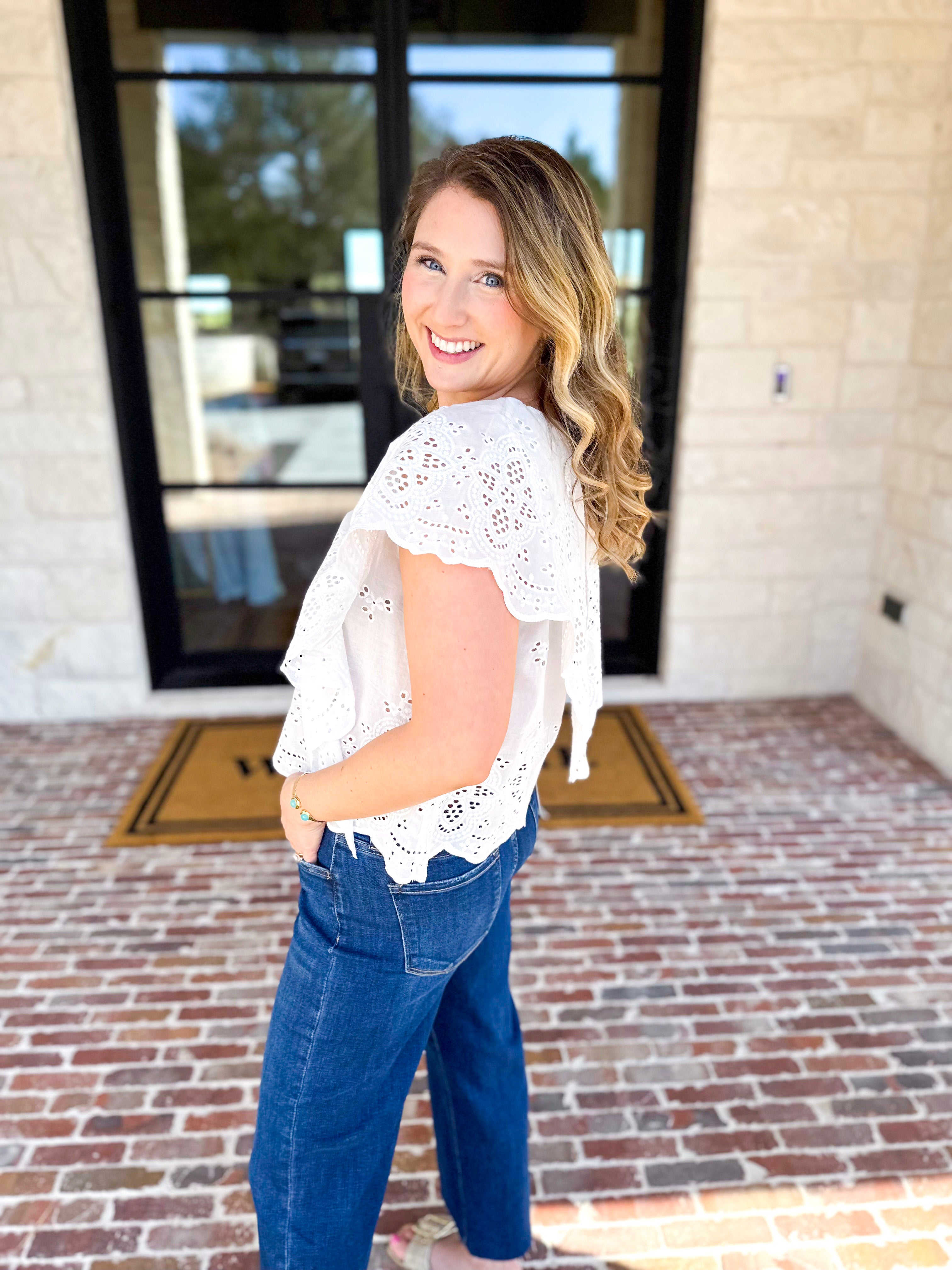 Ivory Eyelet Bow Front Blouse-200 Fashion Blouses-ALLIE ROSE-July & June Women's Fashion Boutique Located in San Antonio, Texas