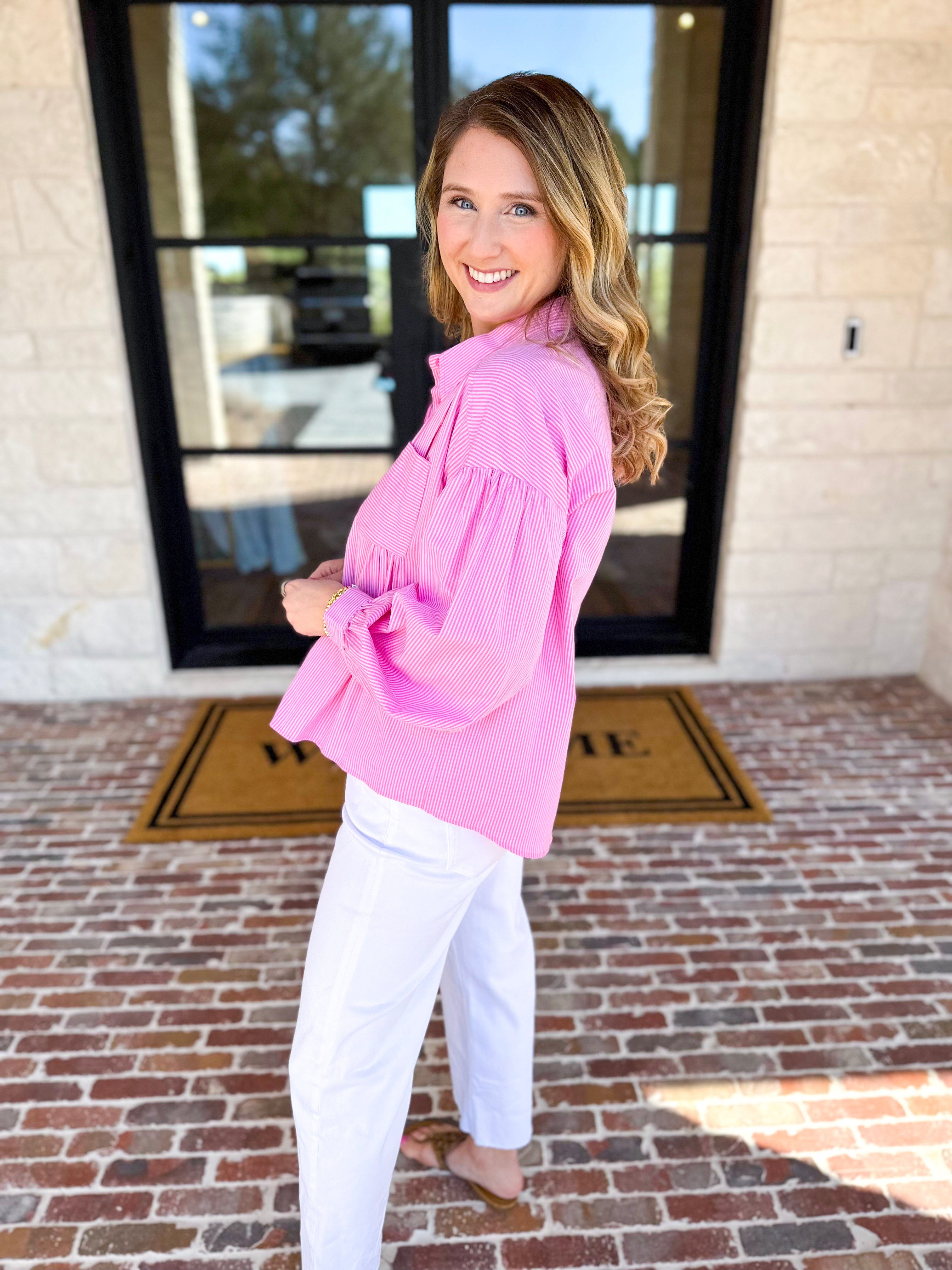 Pink Pinstripe Button Down Blouse-200 Fashion Blouses-FATE-July & June Women's Fashion Boutique Located in San Antonio, Texas