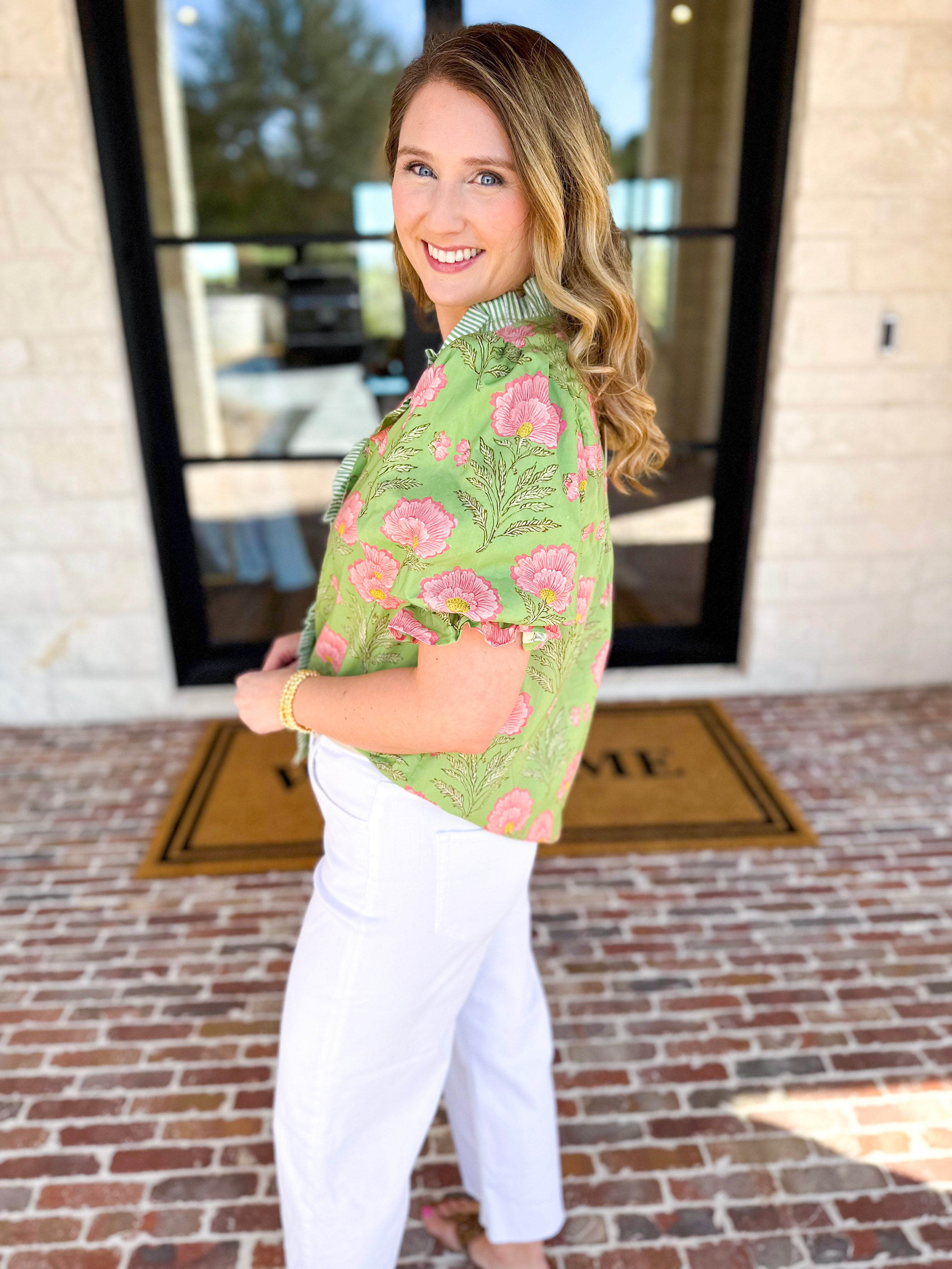 Floral Fun Blouse - Matcha-200 Fashion Blouses-ENTRO-July & June Women's Fashion Boutique Located in San Antonio, Texas