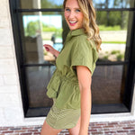 Cinch Waist Blouse - Olive-200 Fashion Blouses-ENTRO-July & June Women's Fashion Boutique Located in San Antonio, Texas