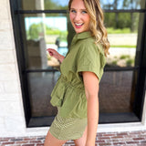 Cinch Waist Blouse - Olive-200 Fashion Blouses-ENTRO-July & June Women's Fashion Boutique Located in San Antonio, Texas