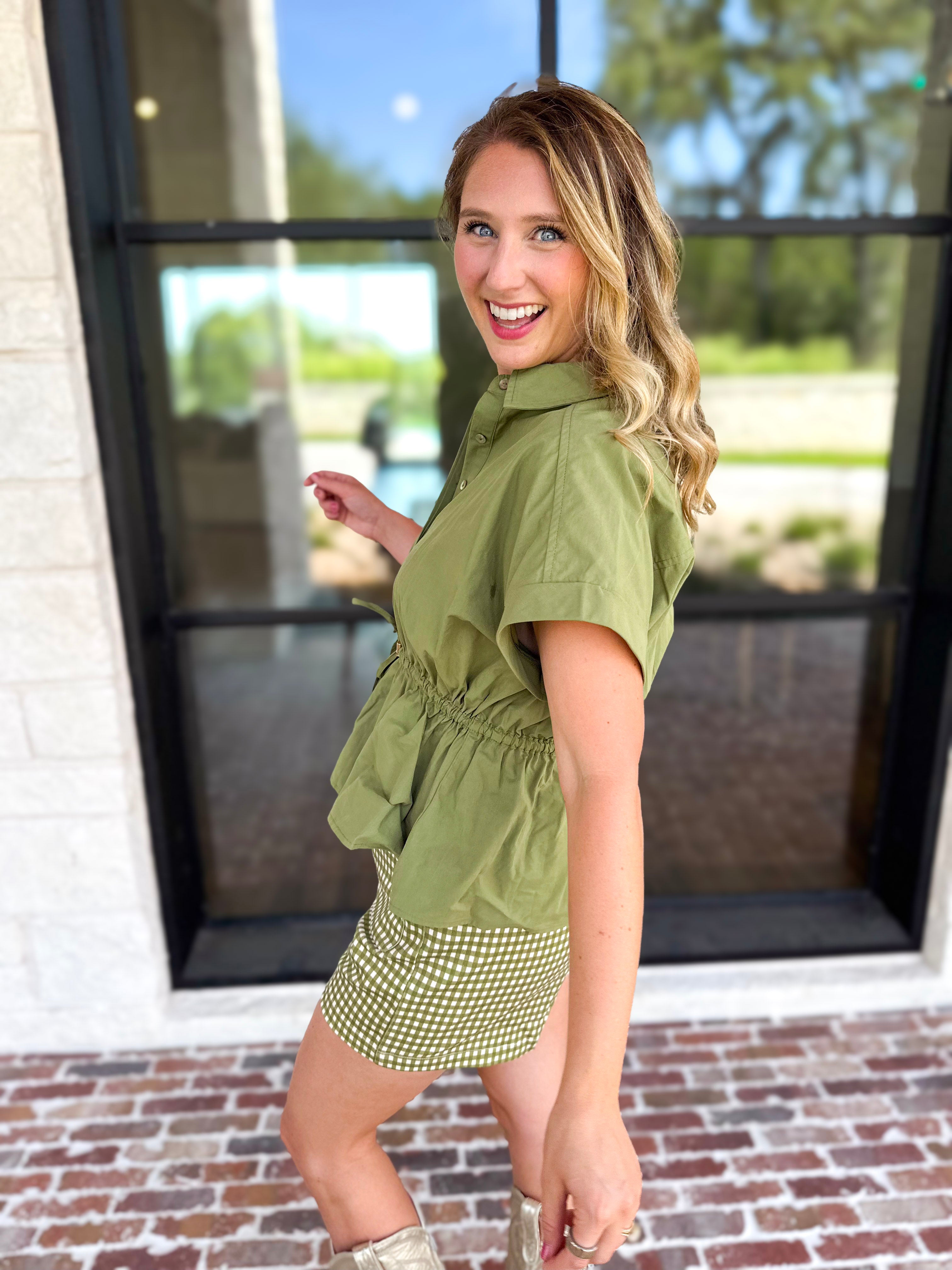 Cinch Waist Blouse - Olive-200 Fashion Blouses-ENTRO-July & June Women's Fashion Boutique Located in San Antonio, Texas