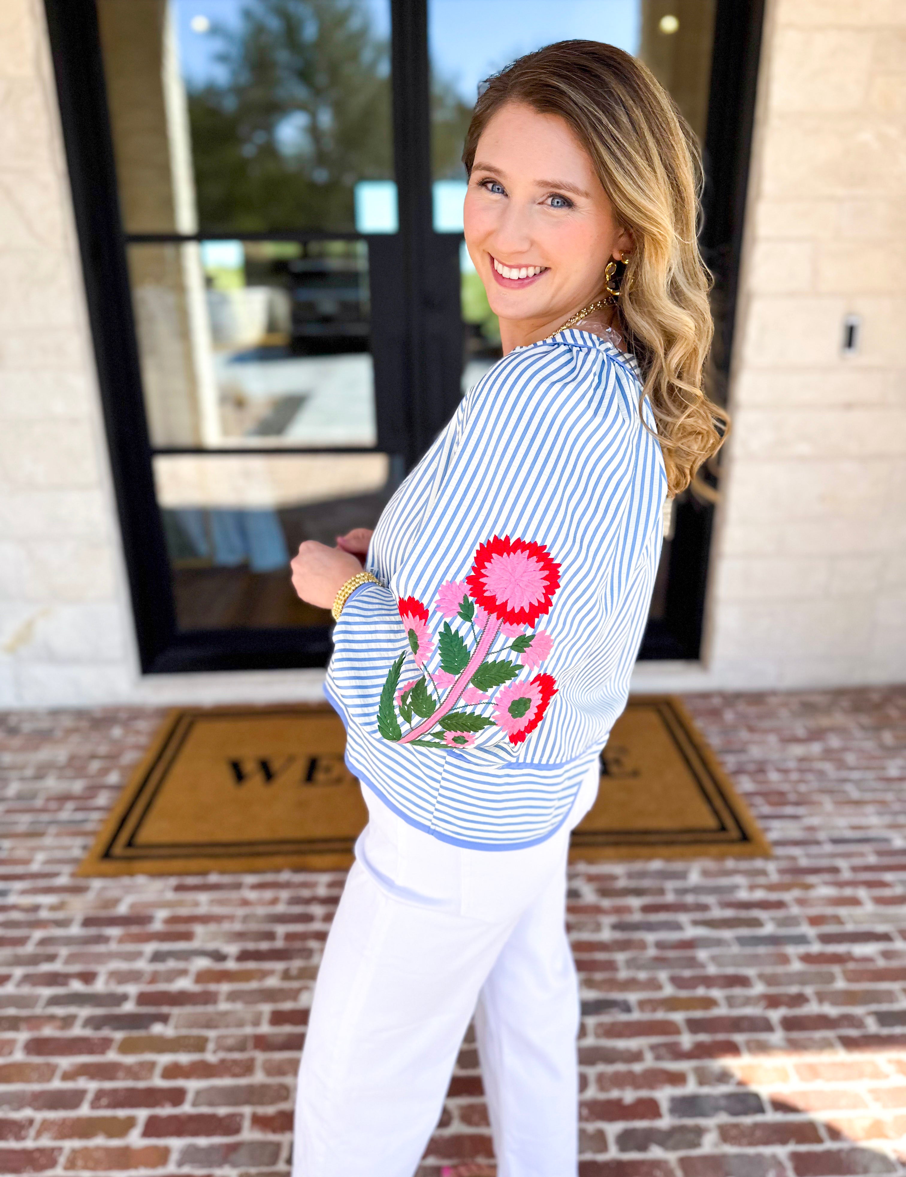 Soft Stripe Embroidered Blouse - Blue-200 Fashion Blouses-ENTRO-July & June Women's Fashion Boutique Located in San Antonio, Texas