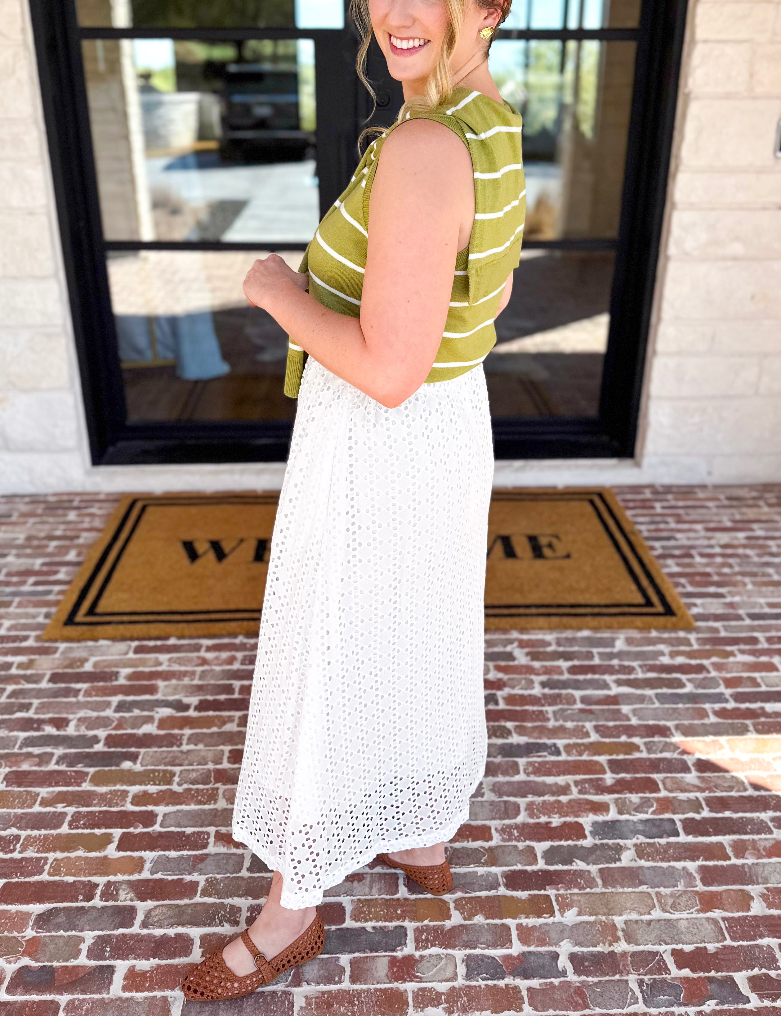 White Eyelet Midi Skirt-410 Shorts/Skirts-ENTRO-July & June Women's Fashion Boutique Located in San Antonio, Texas