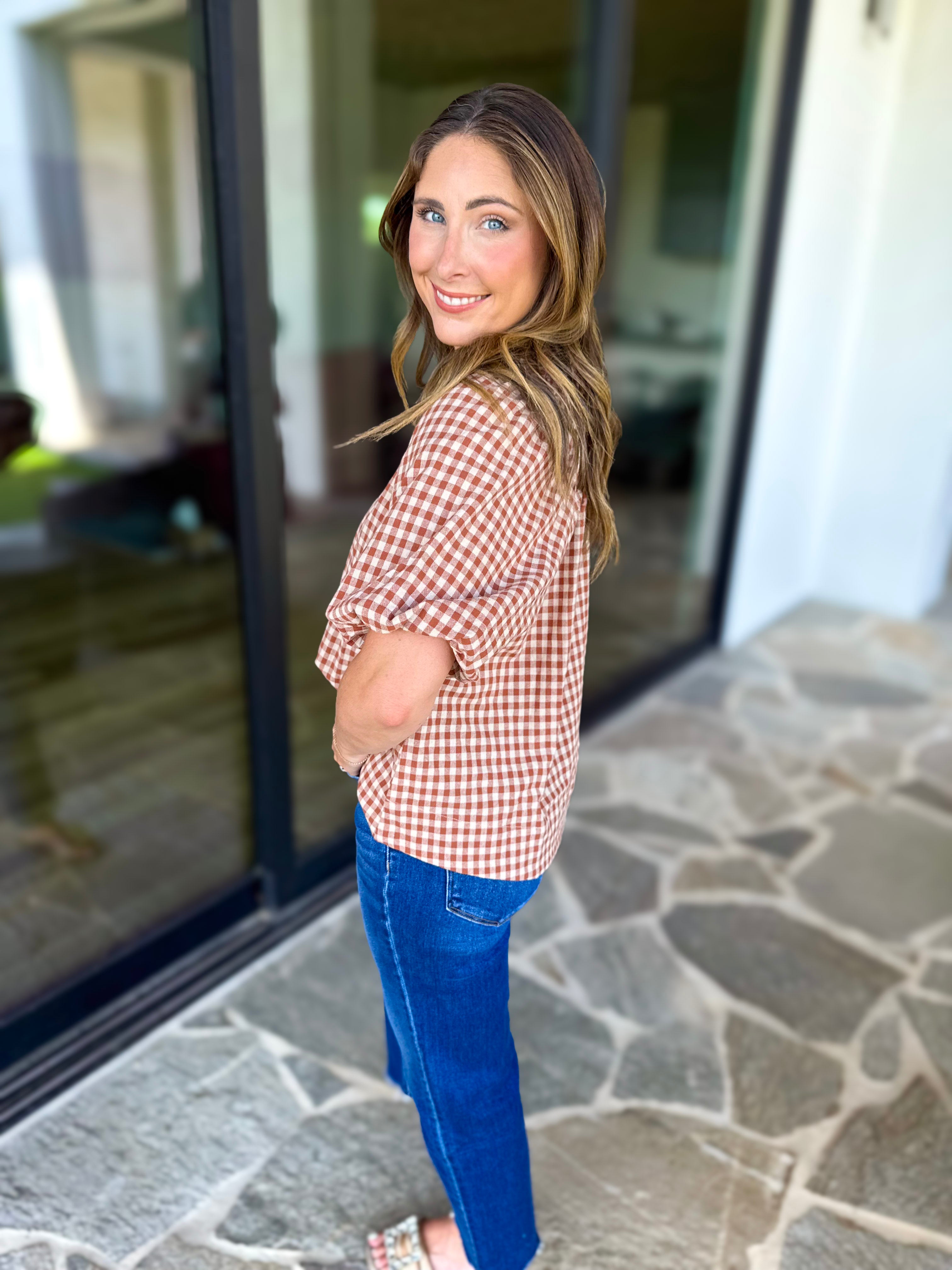 August Gingham Blouse - Golden Tan-200 Fashion Blouses-OLIVACEOUS-July & June Women's Fashion Boutique Located in San Antonio, Texas