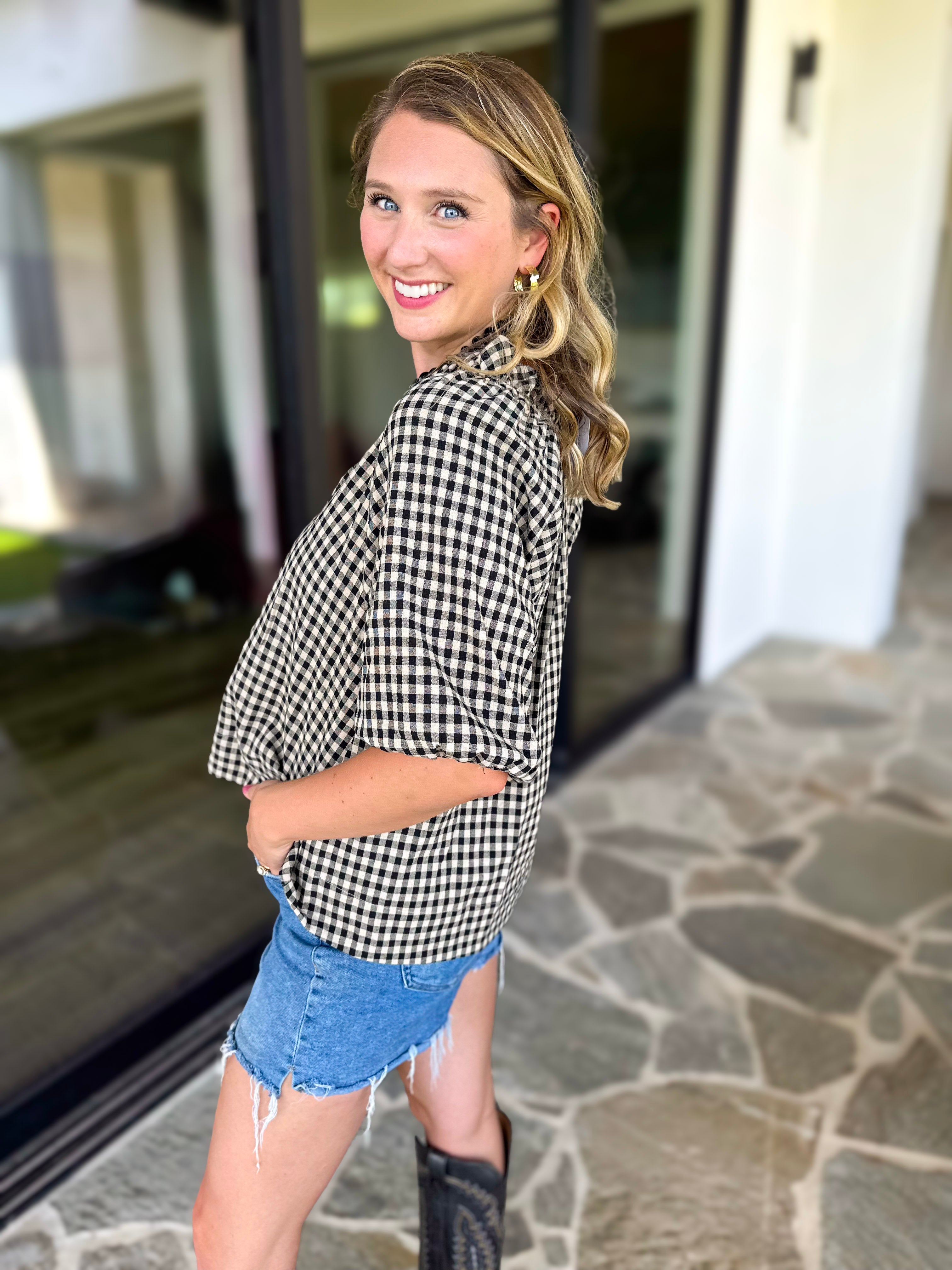 August Gingham Blouse - Black-200 Fashion Blouses-OLIVACEOUS-July & June Women's Fashion Boutique Located in San Antonio, Texas