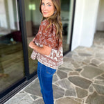 Ellie Floral Blouse - Brown Rust-200 Fashion Blouses-OLIVACEOUS-July & June Women's Fashion Boutique Located in San Antonio, Texas