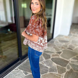 Ellie Floral Blouse - Brown Rust-200 Fashion Blouses-OLIVACEOUS-July & June Women's Fashion Boutique Located in San Antonio, Texas