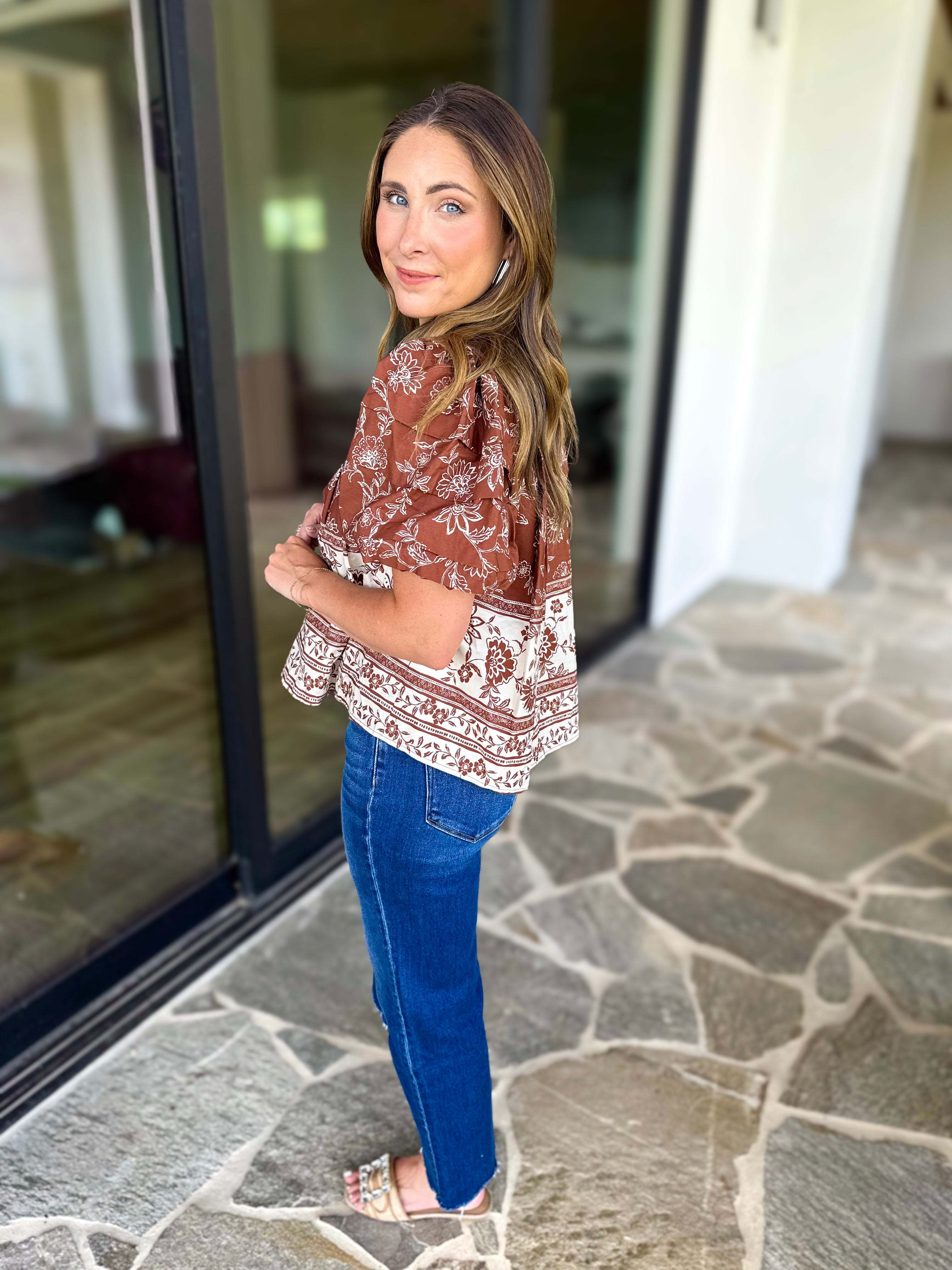 Ellie Floral Blouse - Brown Rust-200 Fashion Blouses-OLIVACEOUS-July & June Women's Fashion Boutique Located in San Antonio, Texas