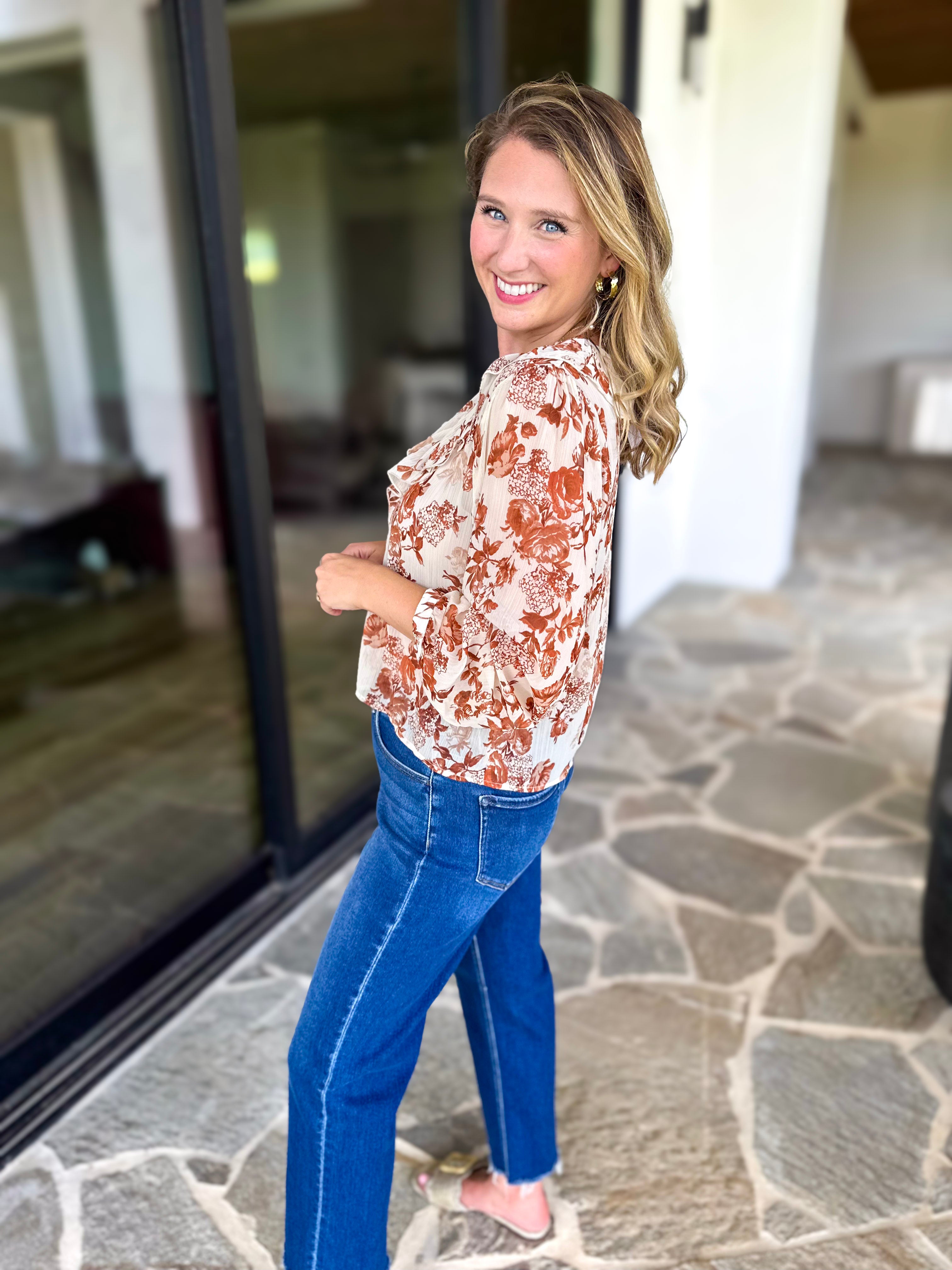 Verona Floral Blouse-200 Fashion Blouses-OLIVACEOUS-July & June Women's Fashion Boutique Located in San Antonio, Texas