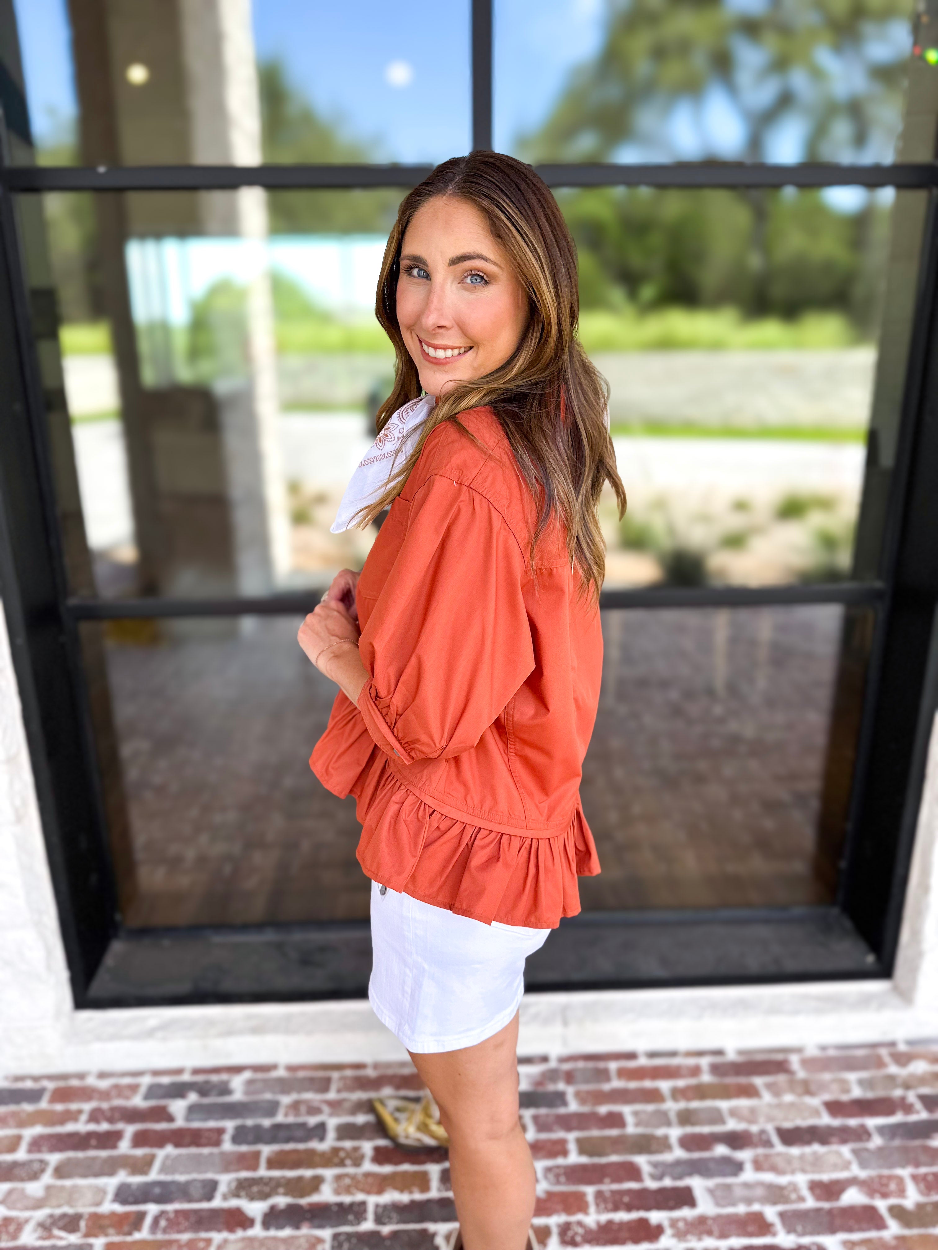 Effortless Ruffle Hem Blouse - Clay-200 Fashion Blouses-ENTRO-July & June Women's Fashion Boutique Located in San Antonio, Texas