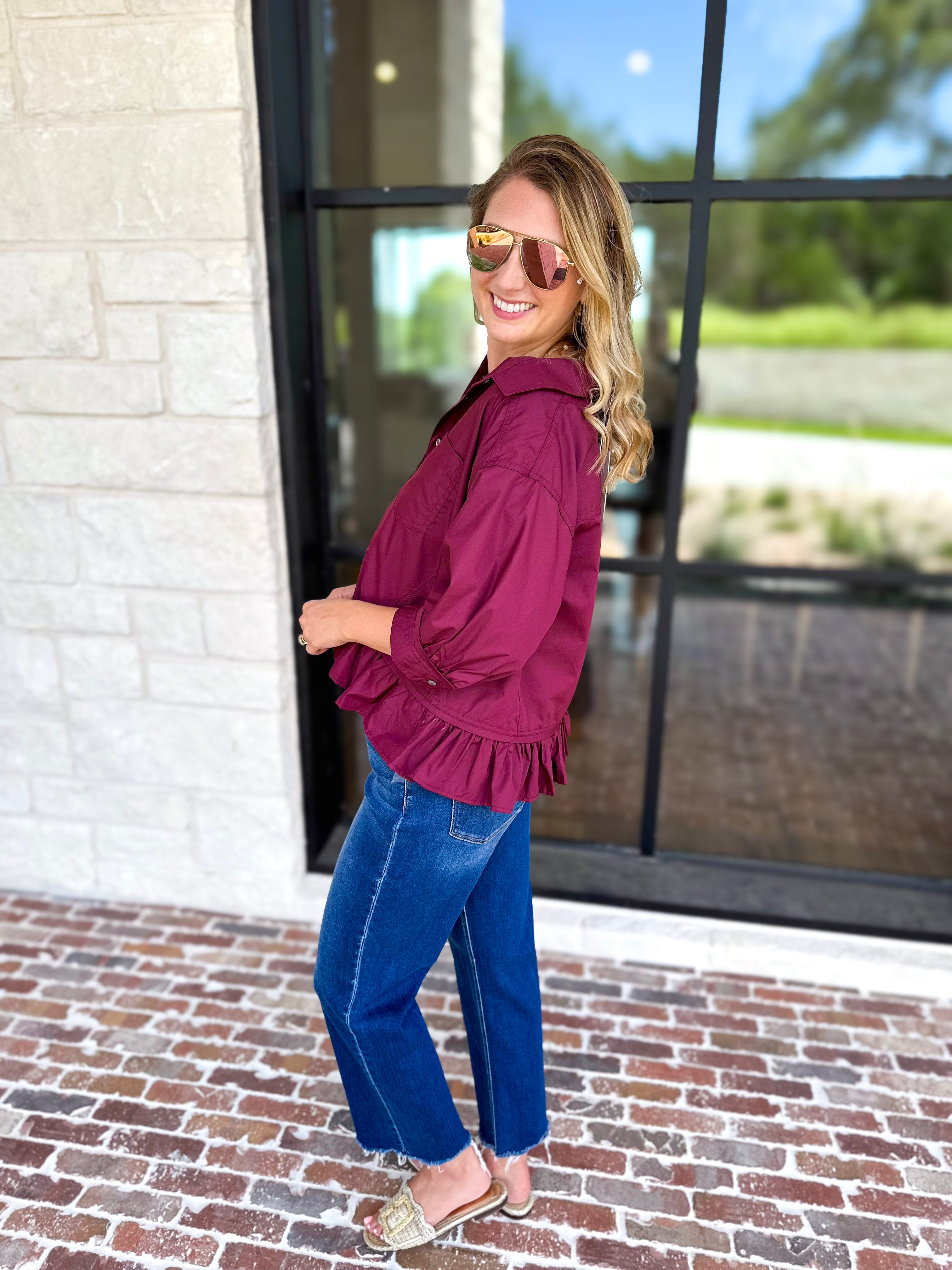 Effortless Ruffle Hem Blouse - Maroon-200 Fashion Blouses-ENTRO-July & June Women's Fashion Boutique Located in San Antonio, Texas