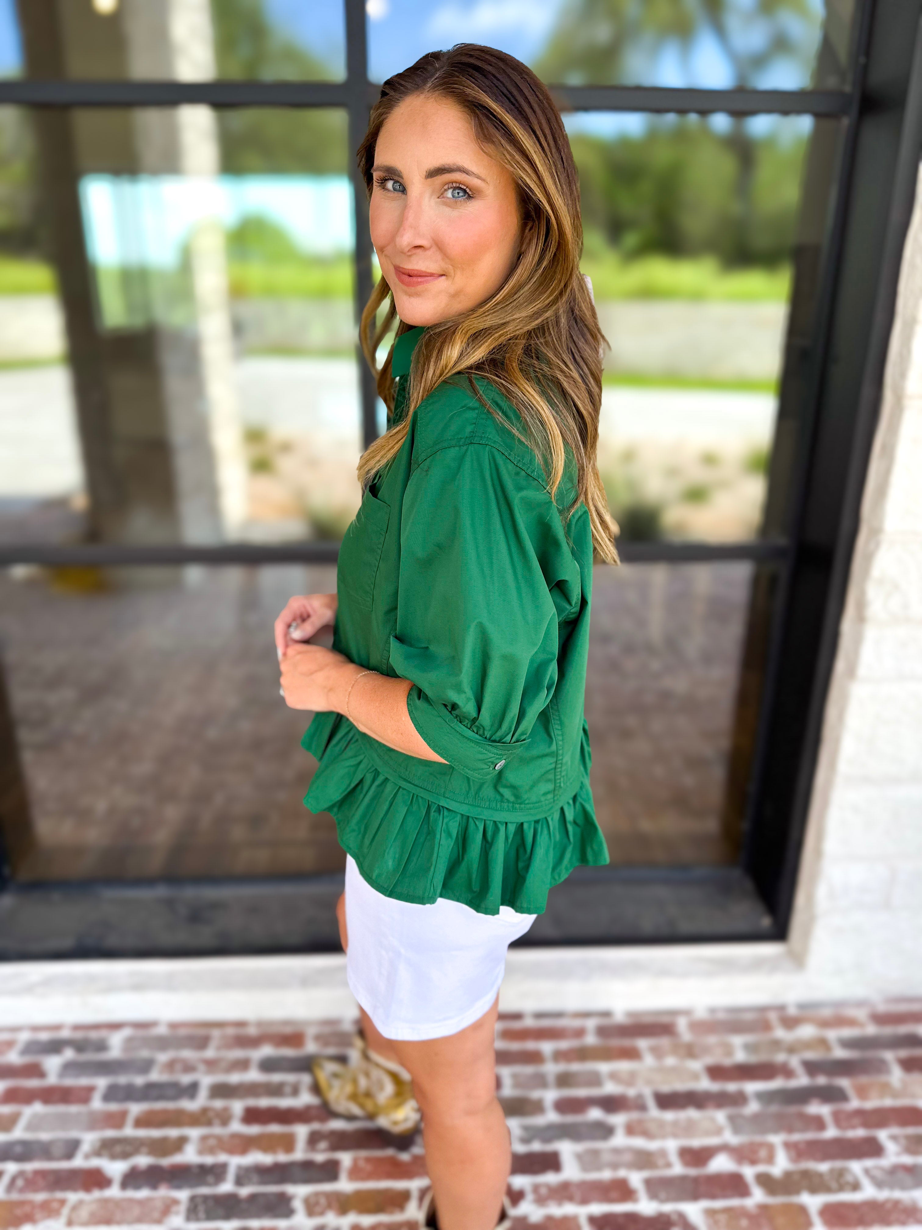 Effortless Ruffle Hem Blouse - Hunter Green-200 Fashion Blouses-ENTRO-July & June Women's Fashion Boutique Located in San Antonio, Texas